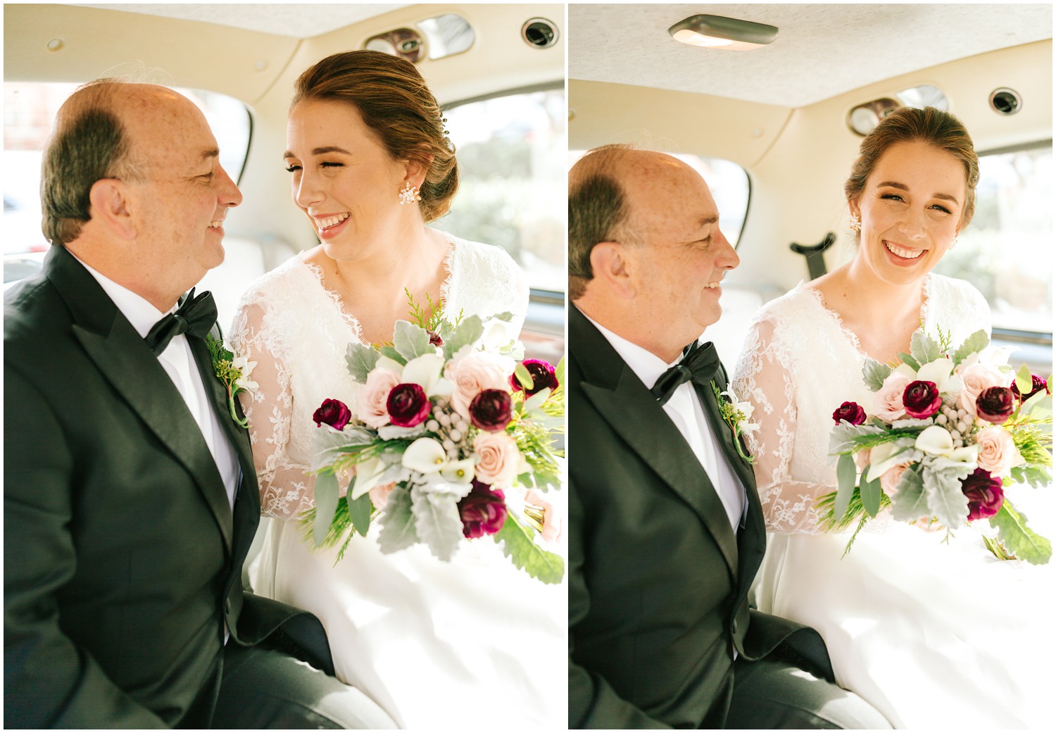 Chelsea Renay Photography photographs father and daughter in classic car on the way to wedding ceremony