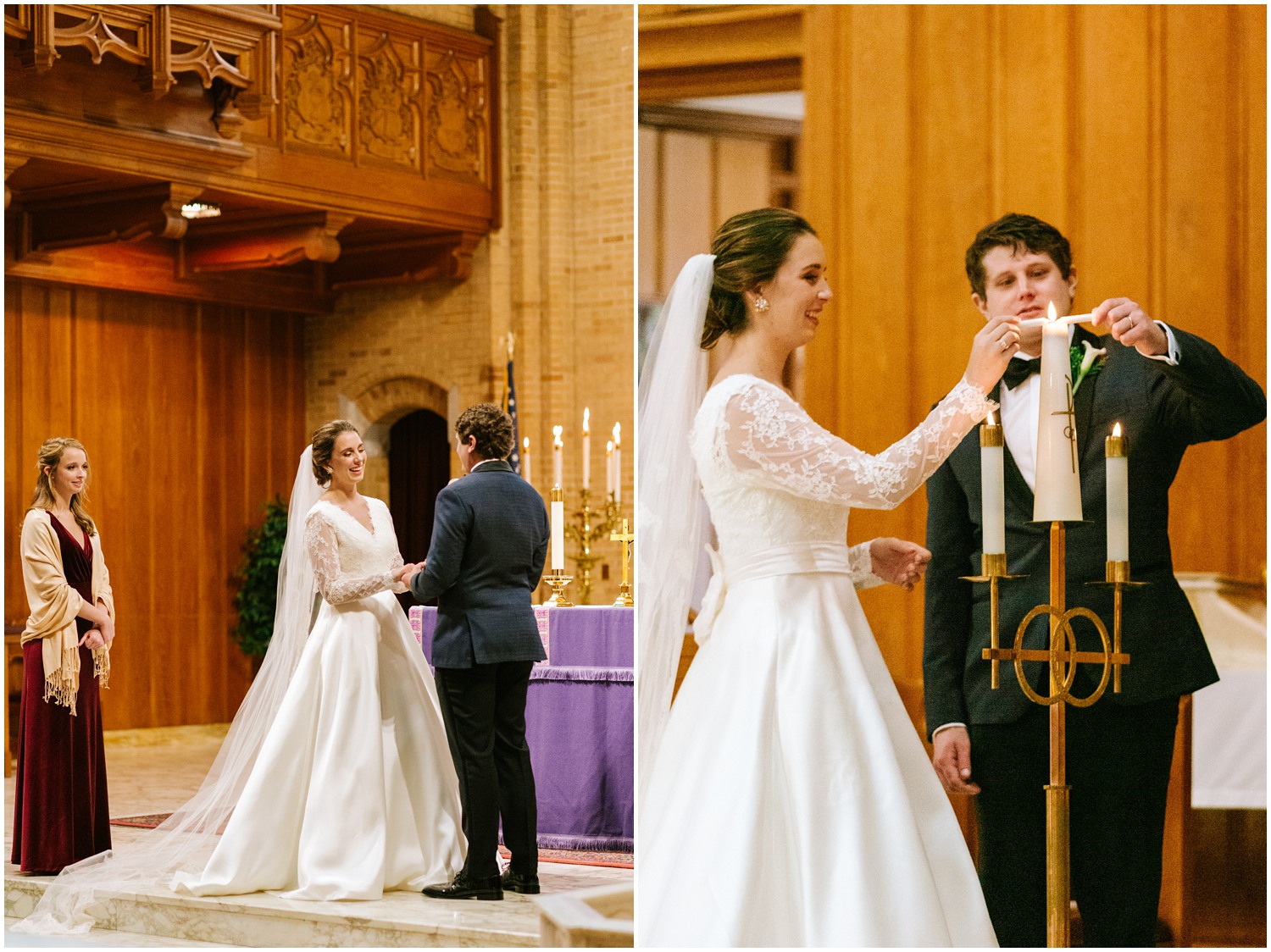 bride and groom light candle during traditional church wedding in North Carolina photographed by Chelsea Renay Photography