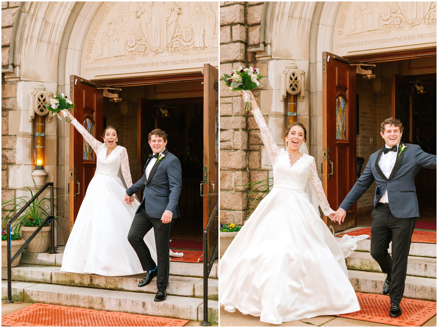 bride and groom cheer outside of church after wedding ceremony