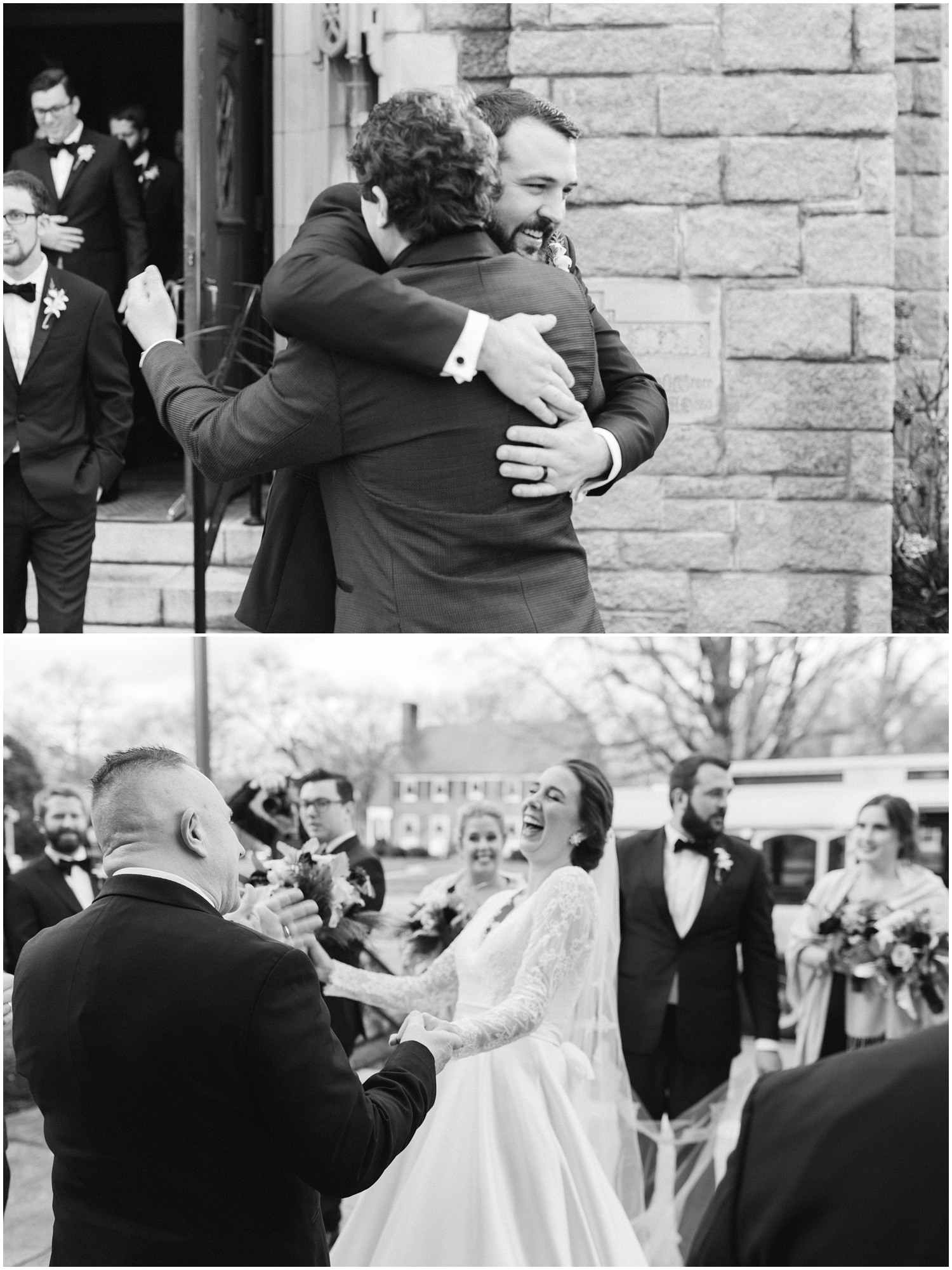 groomsmen and groom hug while bride greets guests photographed by Chelsea Renay Photography