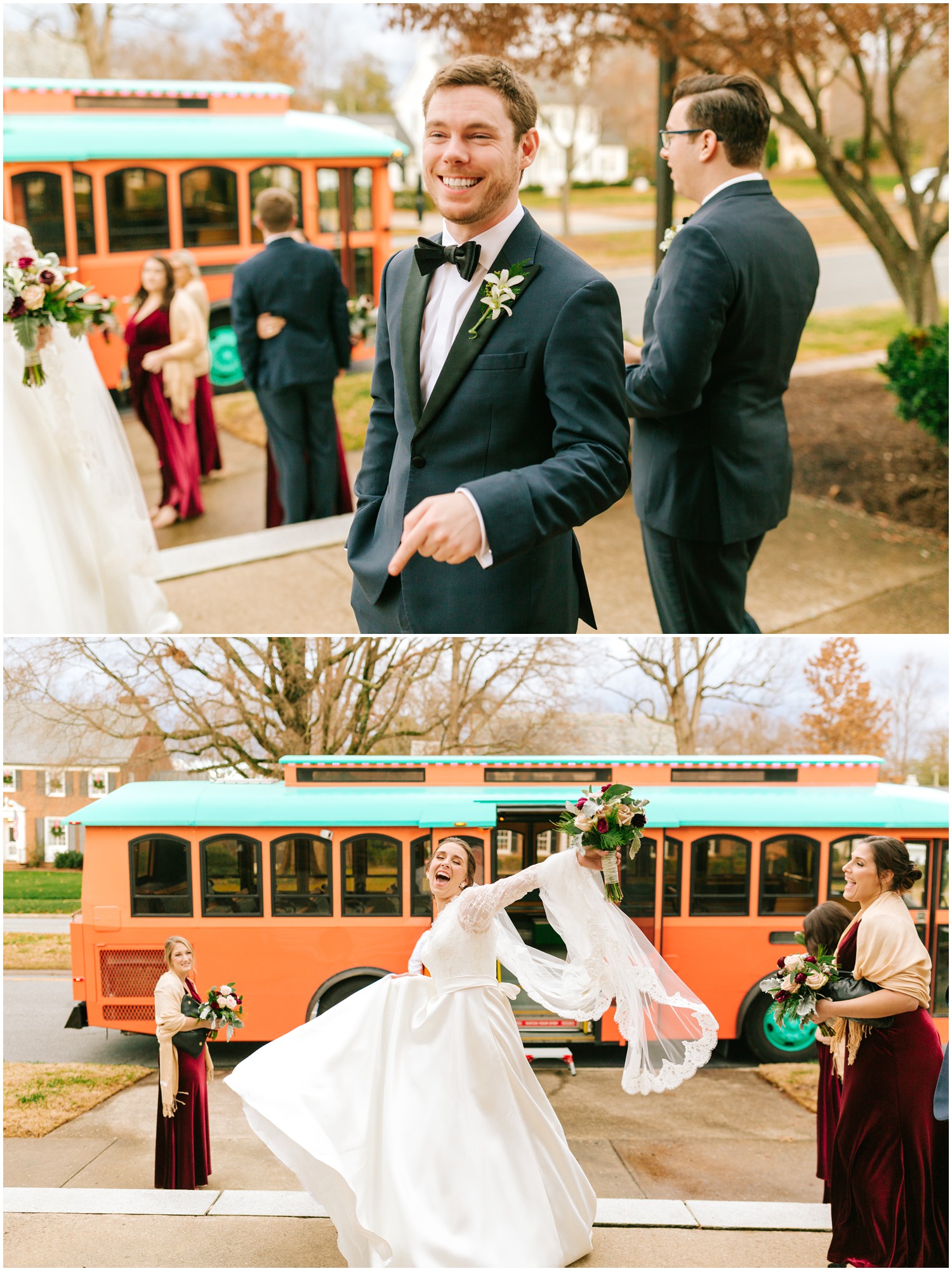 bride, groom, and bridal party board trolley to take photos with Chelsea Renay Photography
