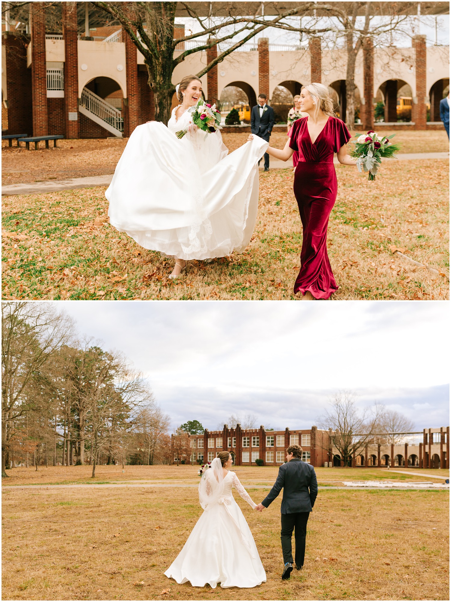 bride and groom walk in Greensboro NC with bridal party photographed by Chelsea Renay Photography