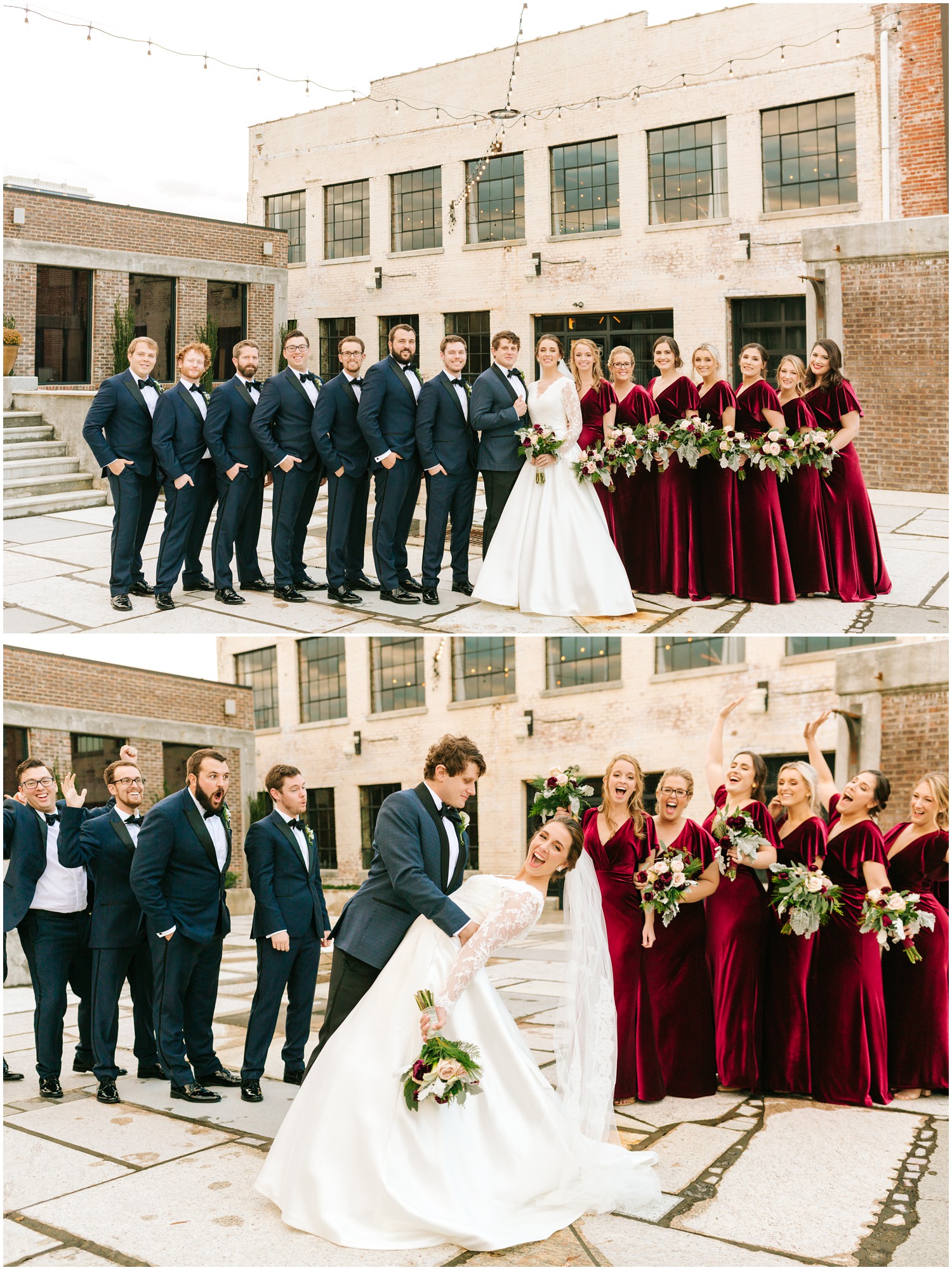 groomsmen in navy and bridesmaids in burgundy pose with bride and groom photographed by Chelsea Renay Photography