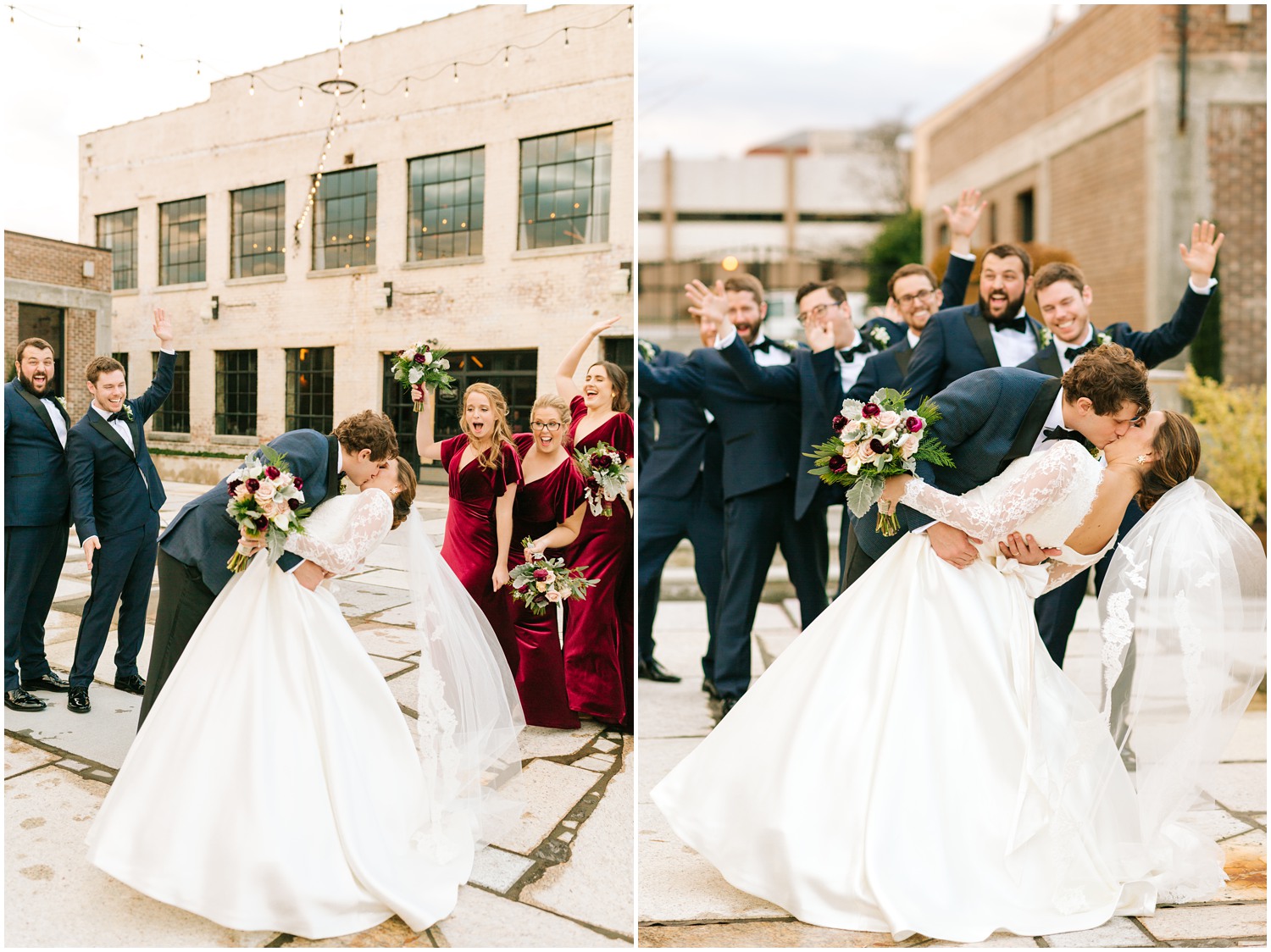 bride and groom kiss while bridal party cheers photographed by Chelsea Renay Photography