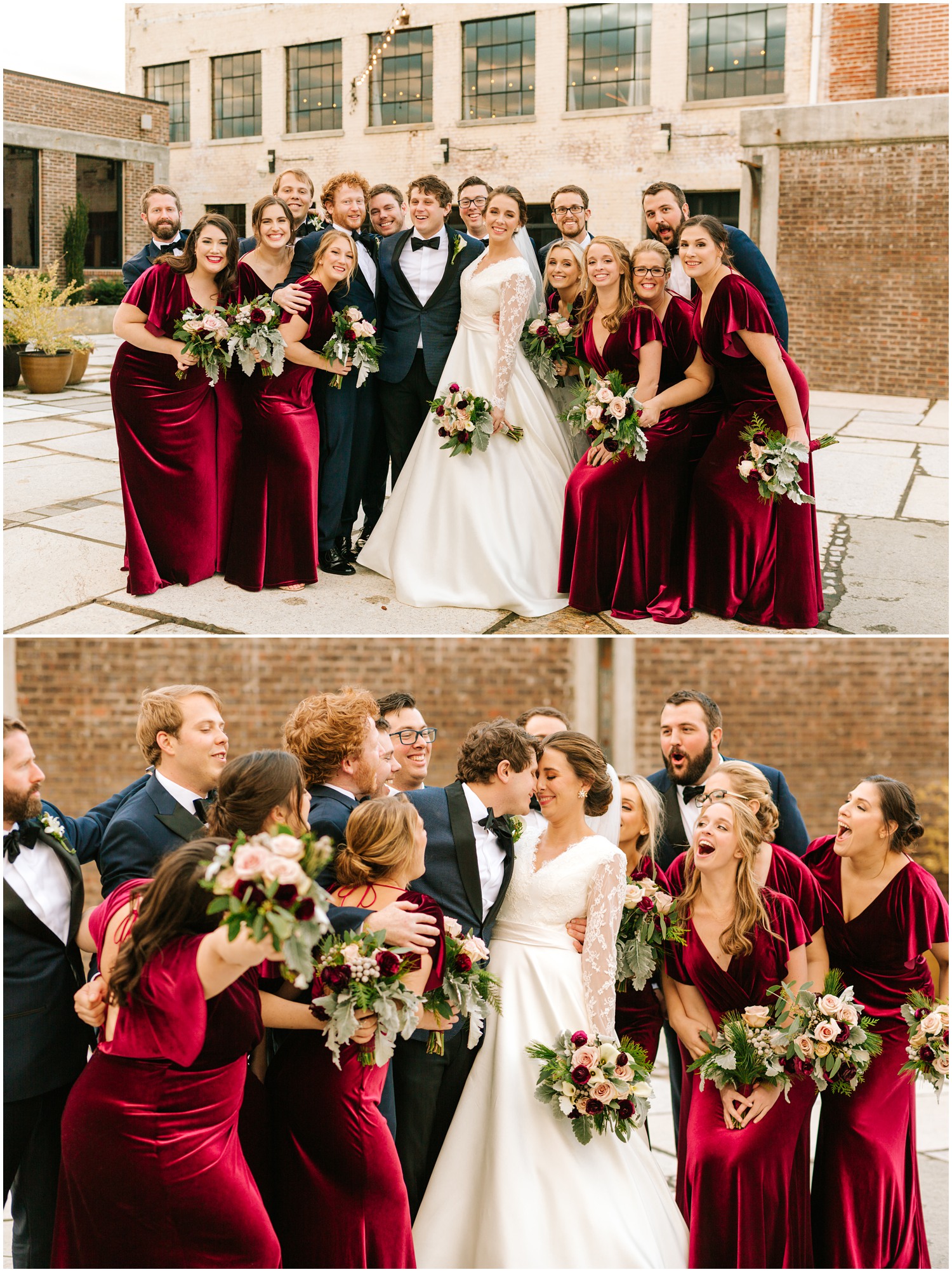 bridesmaids and groomsmen cheer on bride and groom during wedding portraits with Chelsea Renay Photography