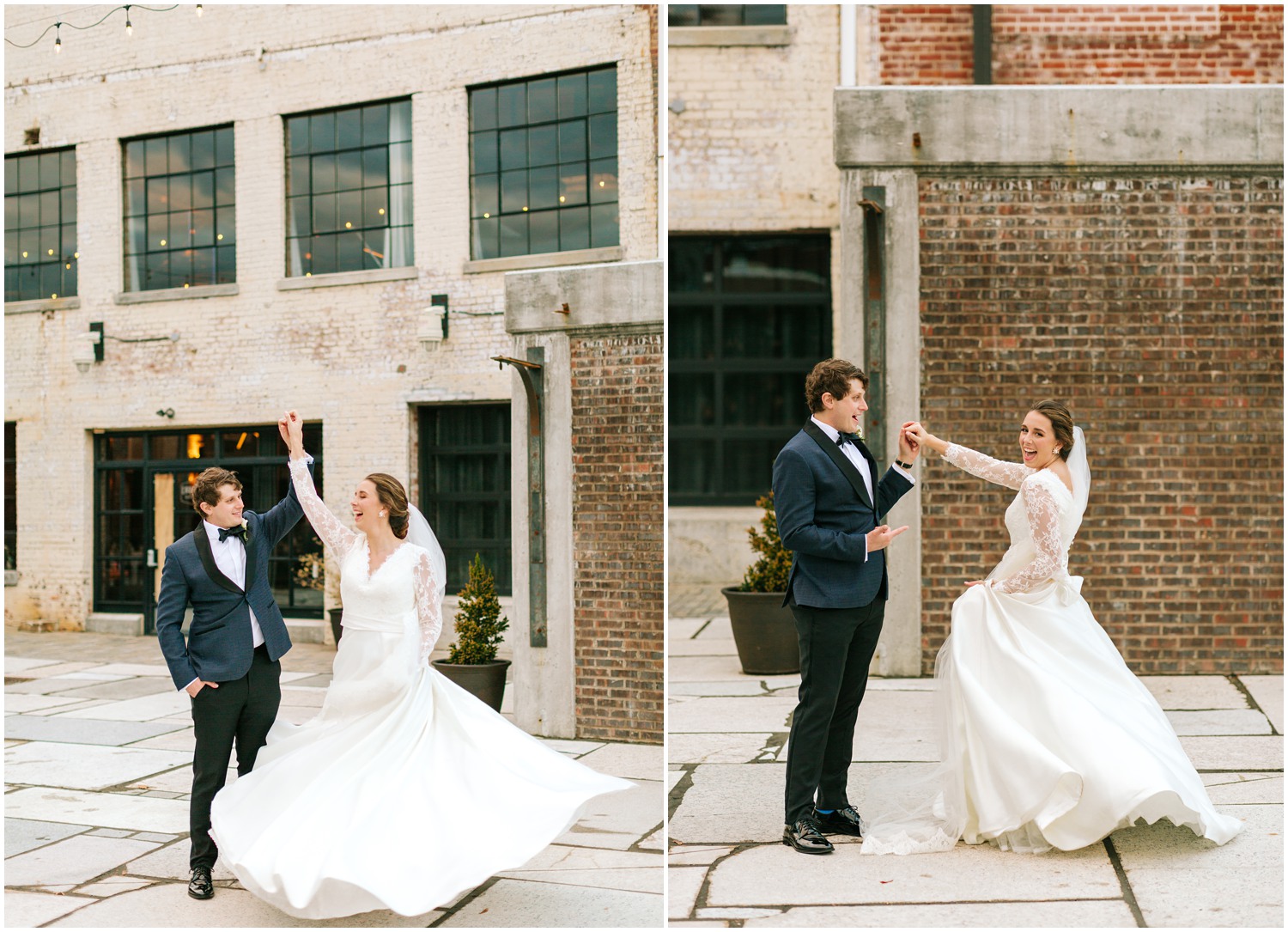 bride and groom dance outside the Cadillac Service Garage