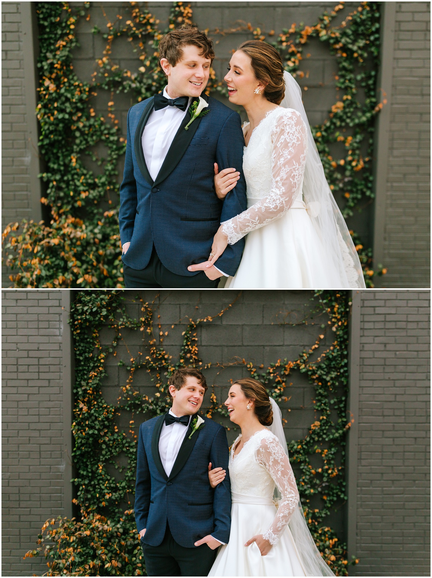 bride and groom cuddle and pose against grey wall with climbing flowers