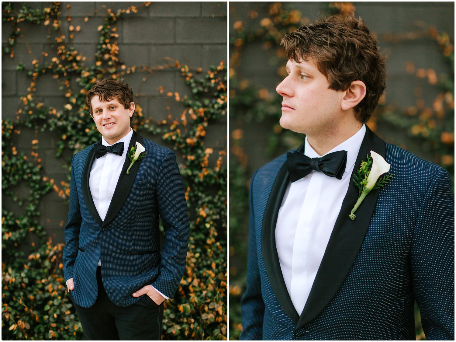 groom in custom navy and black suit with white boutonnière 