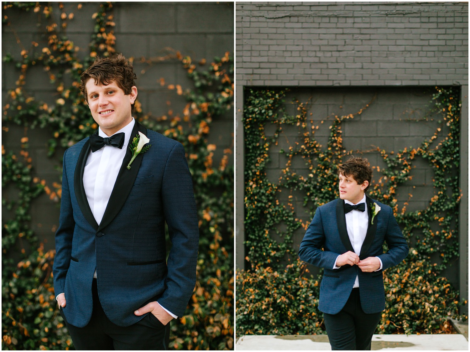 groom in navy suit with white boutonnière poses for NC wedding photographer Chelsea Renay Photography