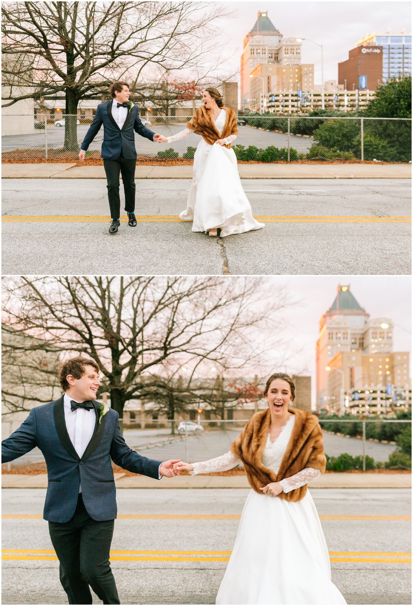 groom in navy and black suit and bride with fur walk across street photographed by Chelsea Renay Photography