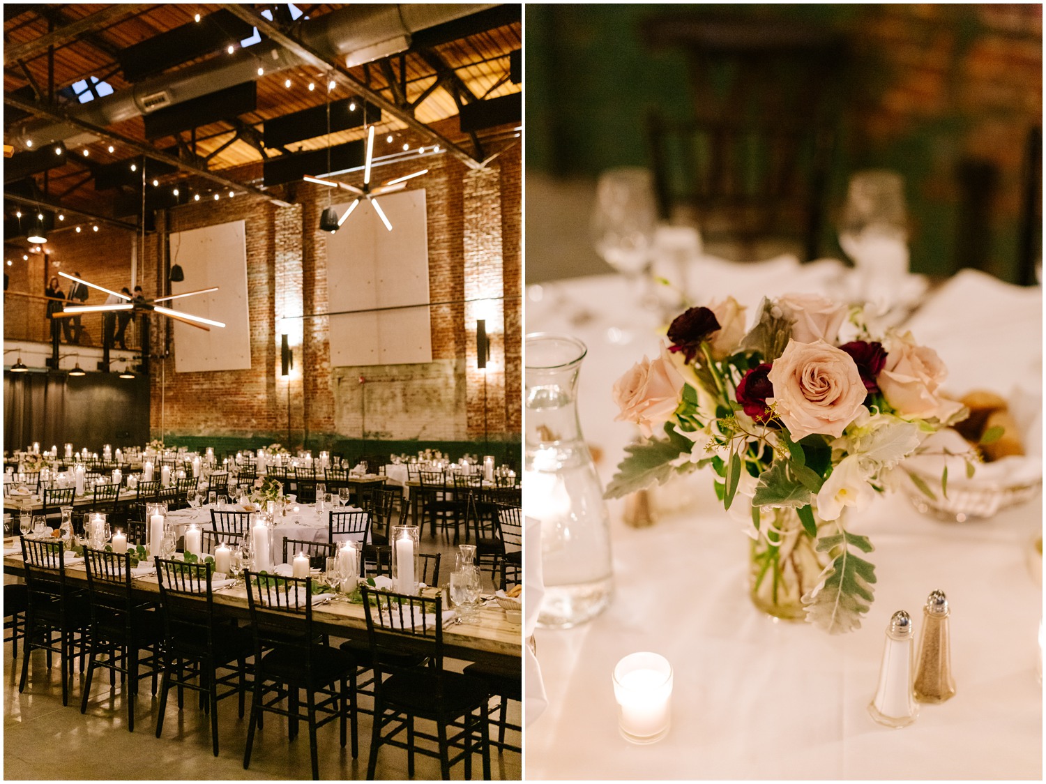 wedding reception with white candle and rose centerpieces photographed by Chelsea Renay Photography