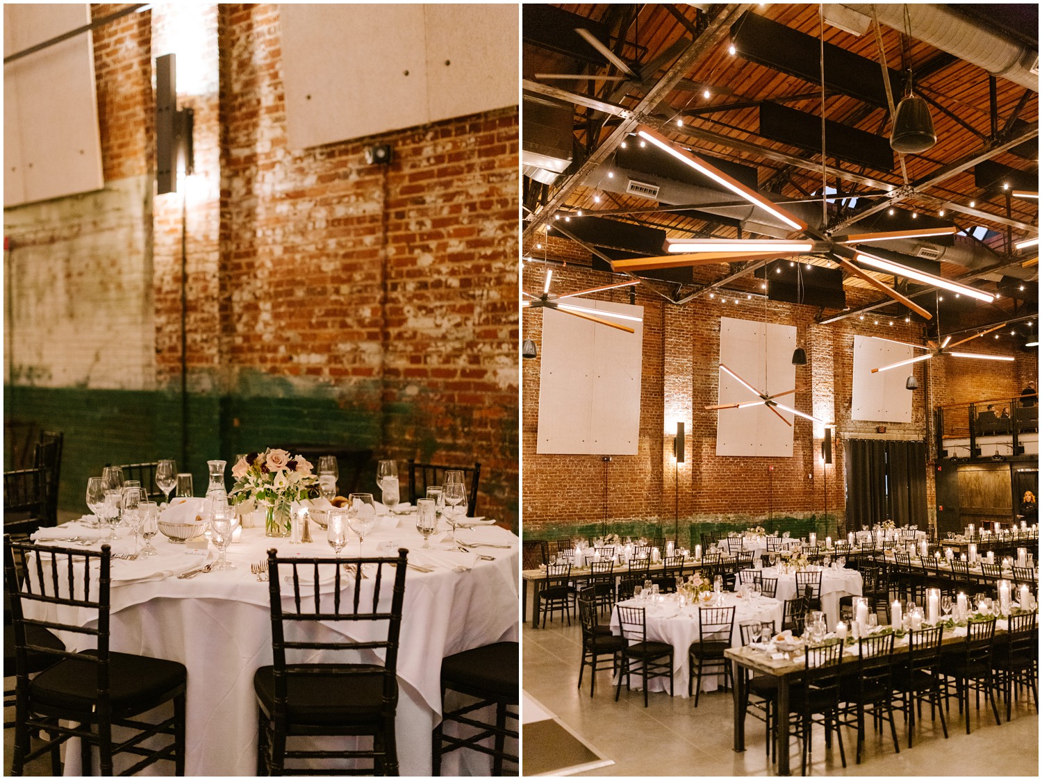 wedding reception table setup at Cadillac Service Garage photographed by Chelsea Renay Photography
