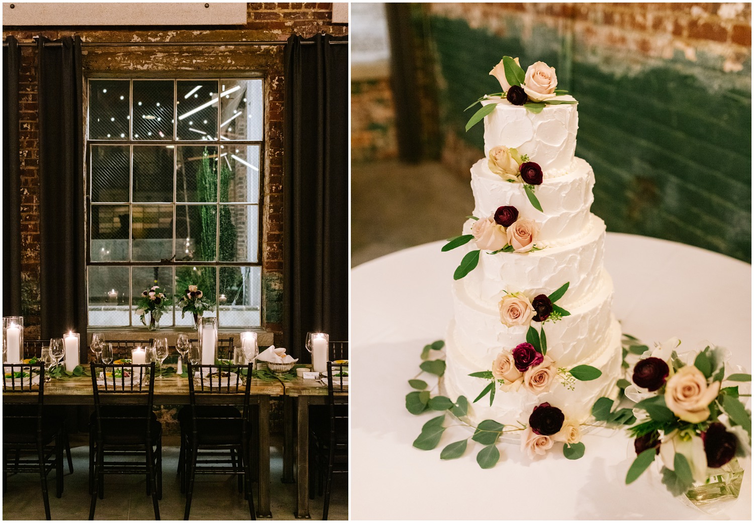 wedding reception table decor and wedding cake at the Cadillac Service Garage photographed by Chelsea Renay Photography