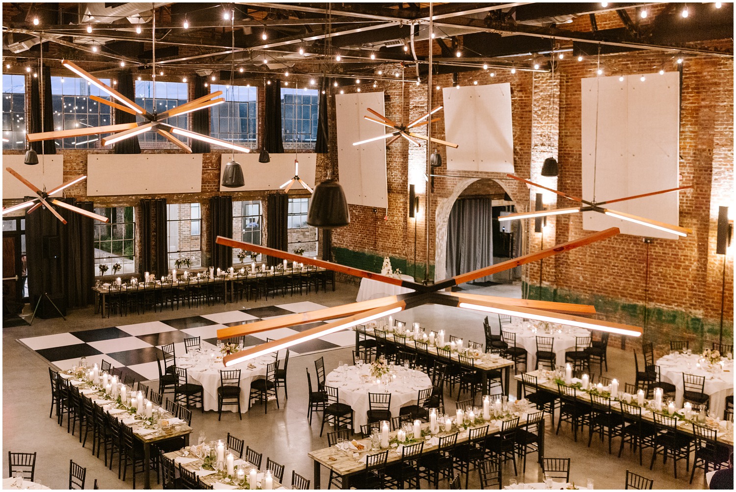 wide shot of reception setup in the Cadillac Service Garage by Chelsea Renay Photography