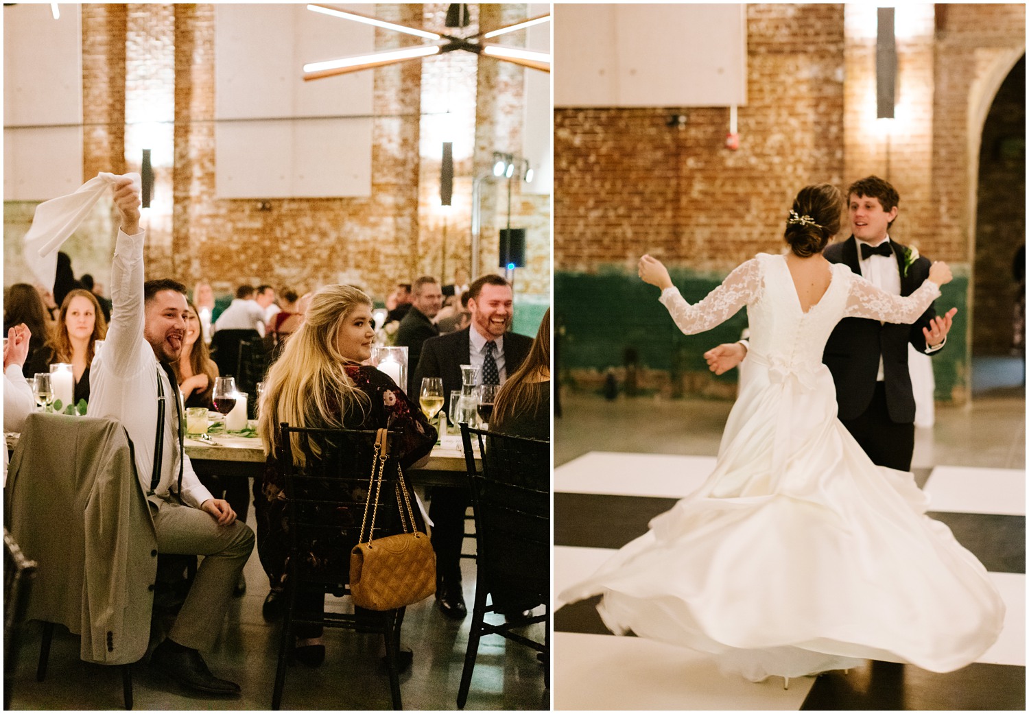 bride and groom enjoy first dance at Cadillac Service Garage photographed by Chelsea Renay Photography