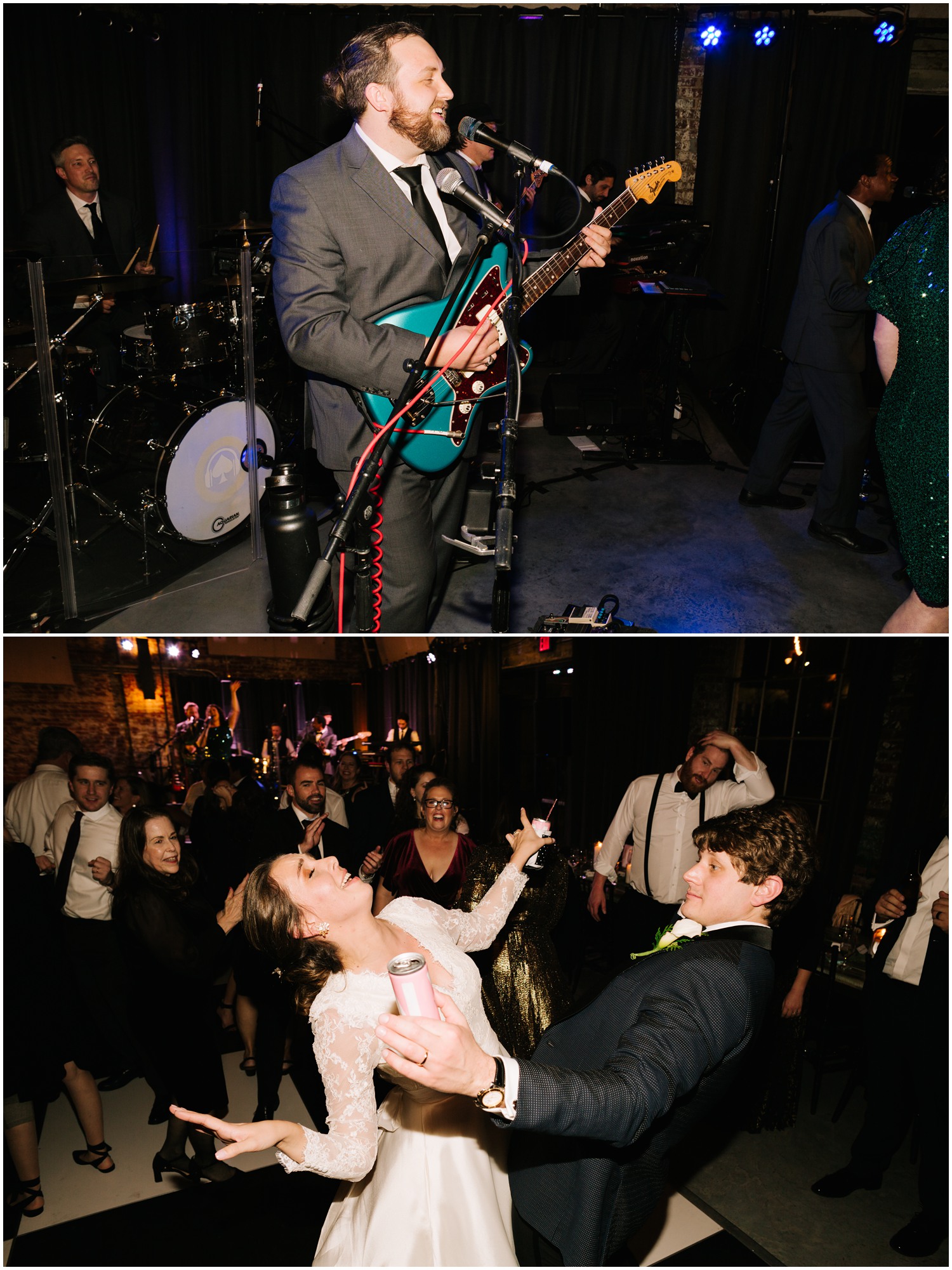 bride and groom dance to live band at NC wedding reception