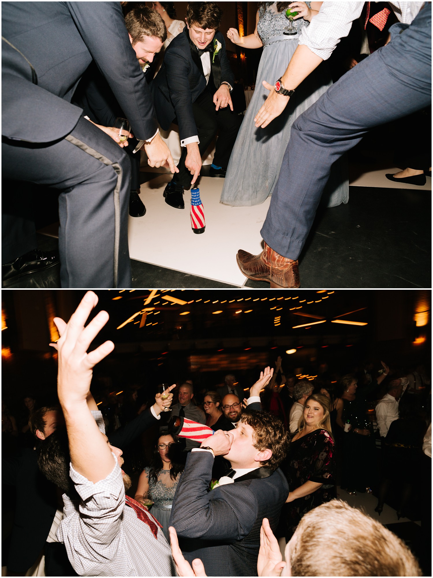 groom and groomsmen drink beer on dance floor photographed by Chelsea Renay Photography