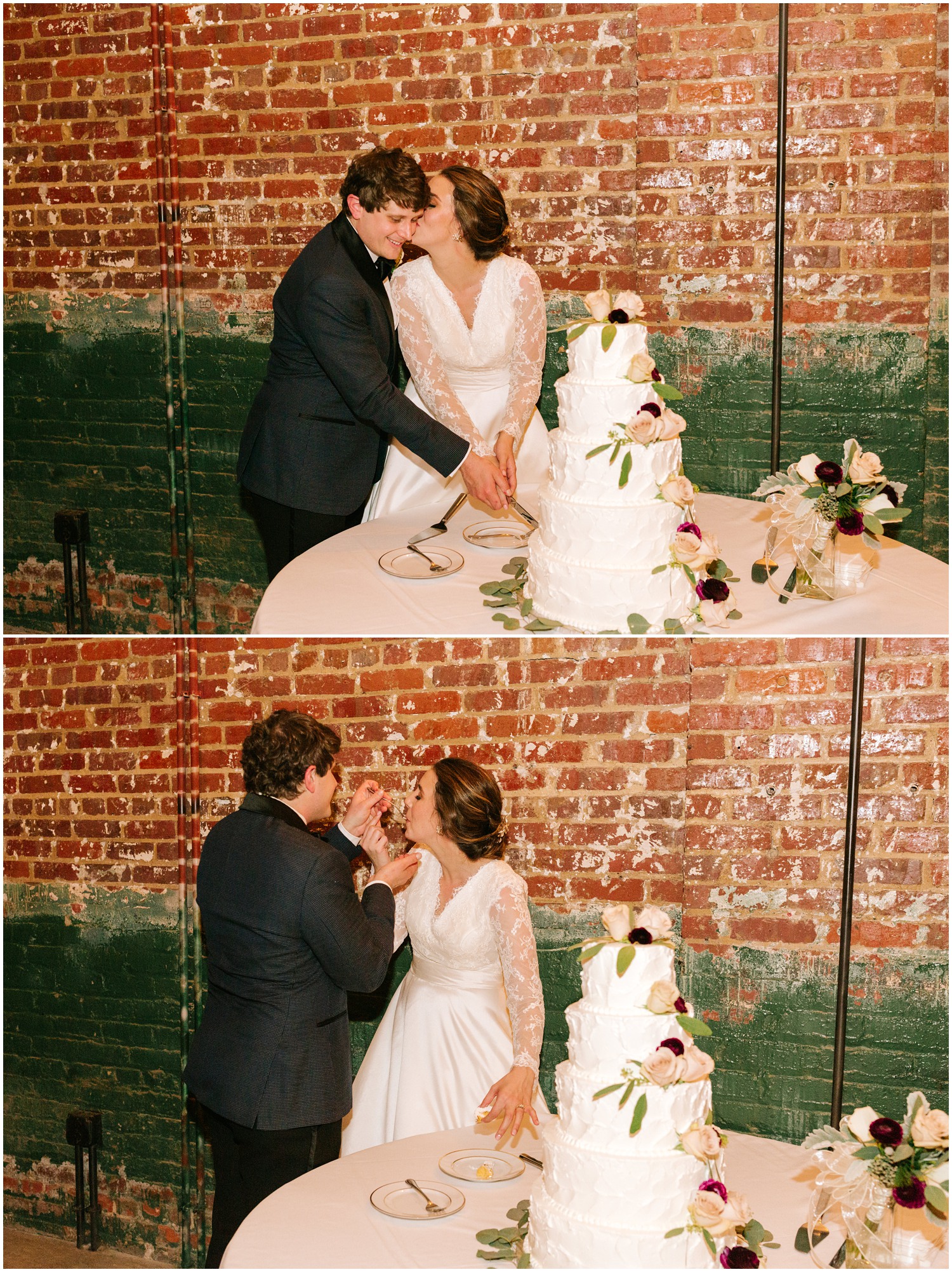 newlyweds cut wedding cake next to brick wall in Cadillac Service Garage in Greensboro NC