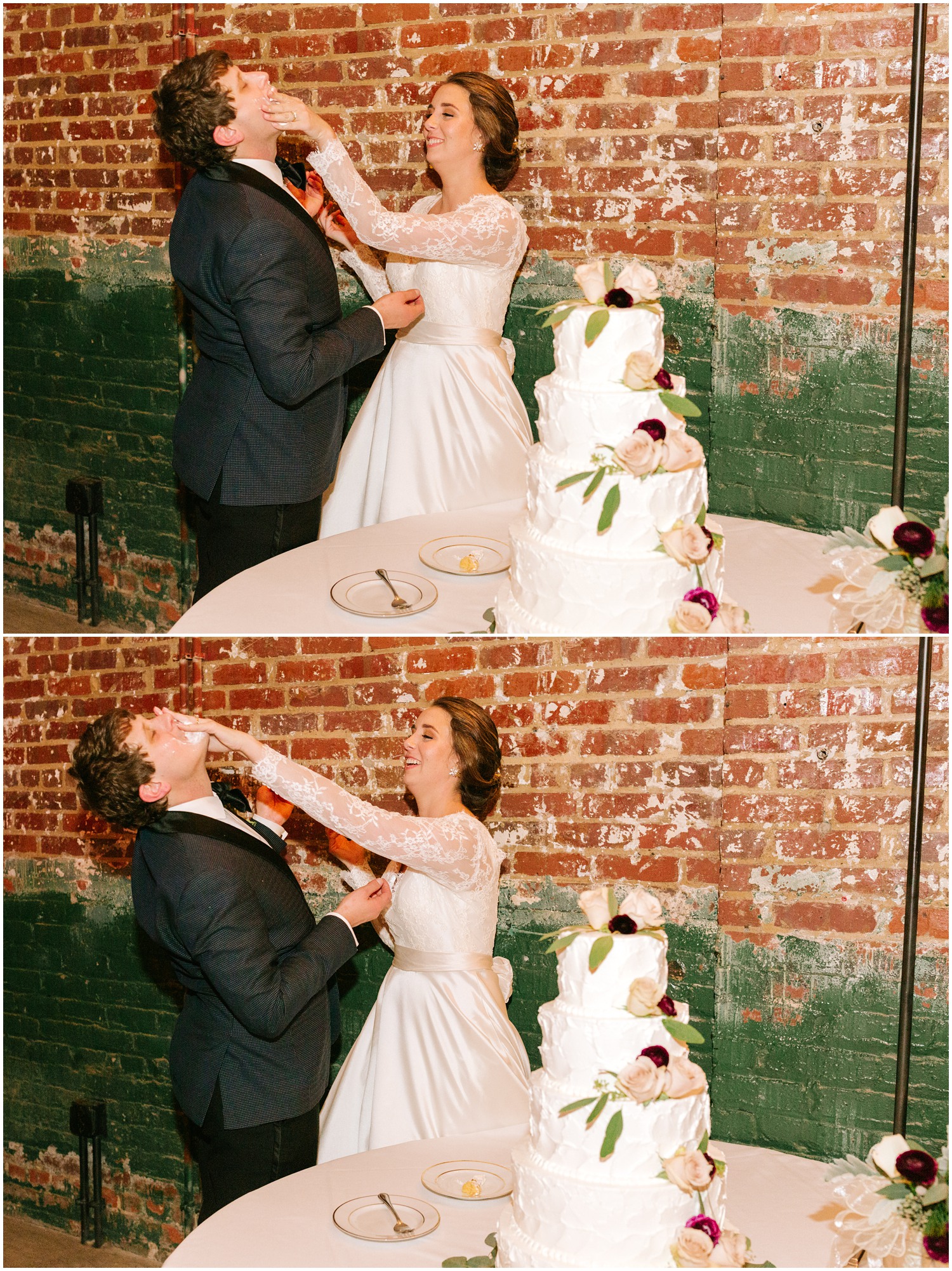 bride and groom feed each other wedding cake in NC photographed by Chelsea Renay Photography
