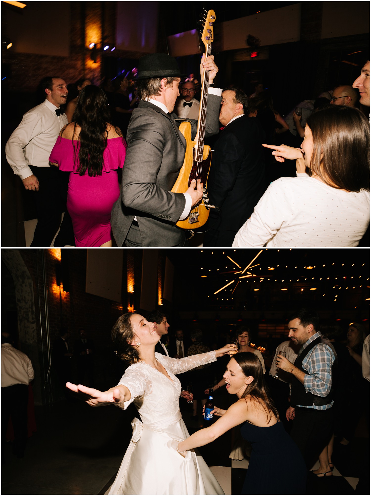 bride dances with wedding guest while guitar player walks around dancing at wedding reception
