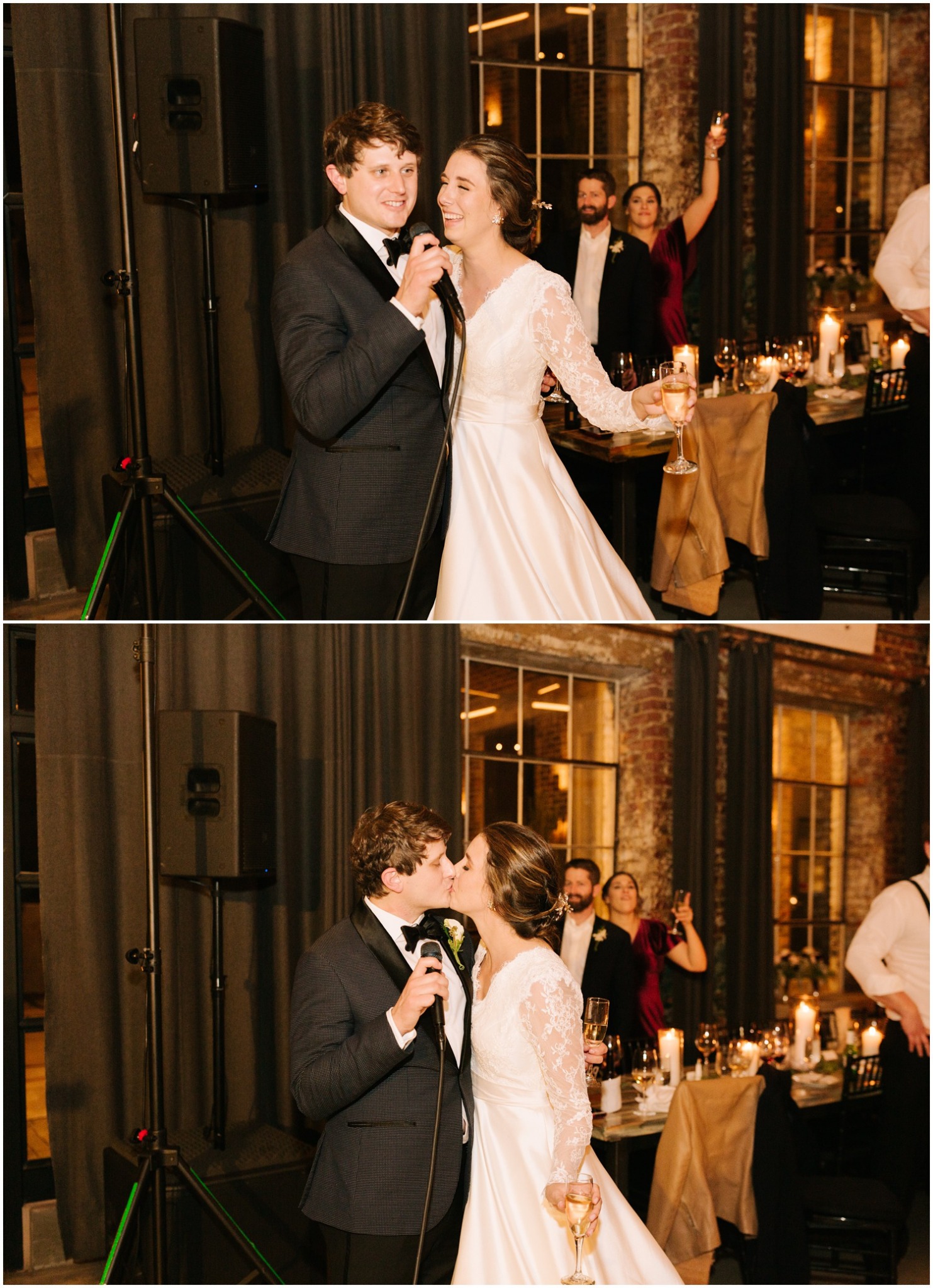 bride and groom kiss during wedding toasts photographed by NC wedding photographer Chelsea Renay Photography