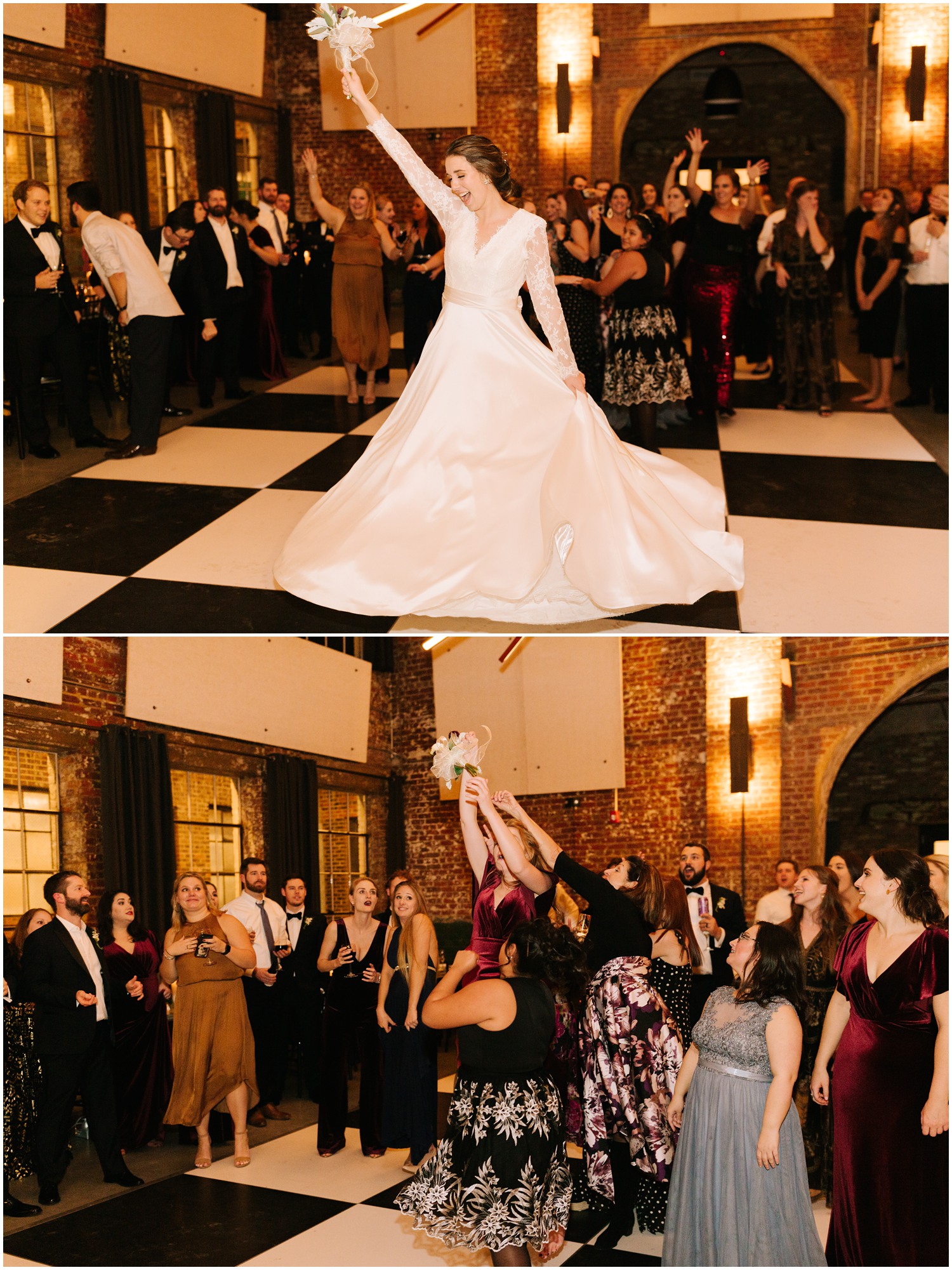 bouquet toss in Cadillac Service Garage photographed by Chelsea Renay Photography