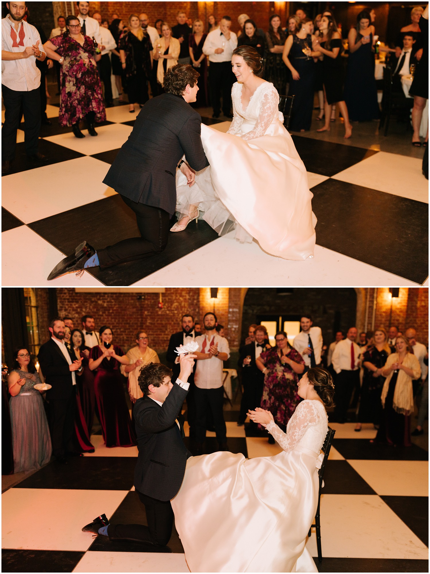 groom retrieves garter from bride's leg photographed by Chelsea Renay Photography