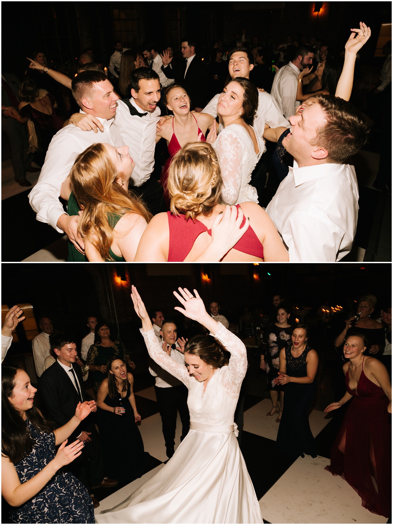 group of friends sings during NC wedding reception at the Cadillac Service Garage with Chelsea Renay Photography