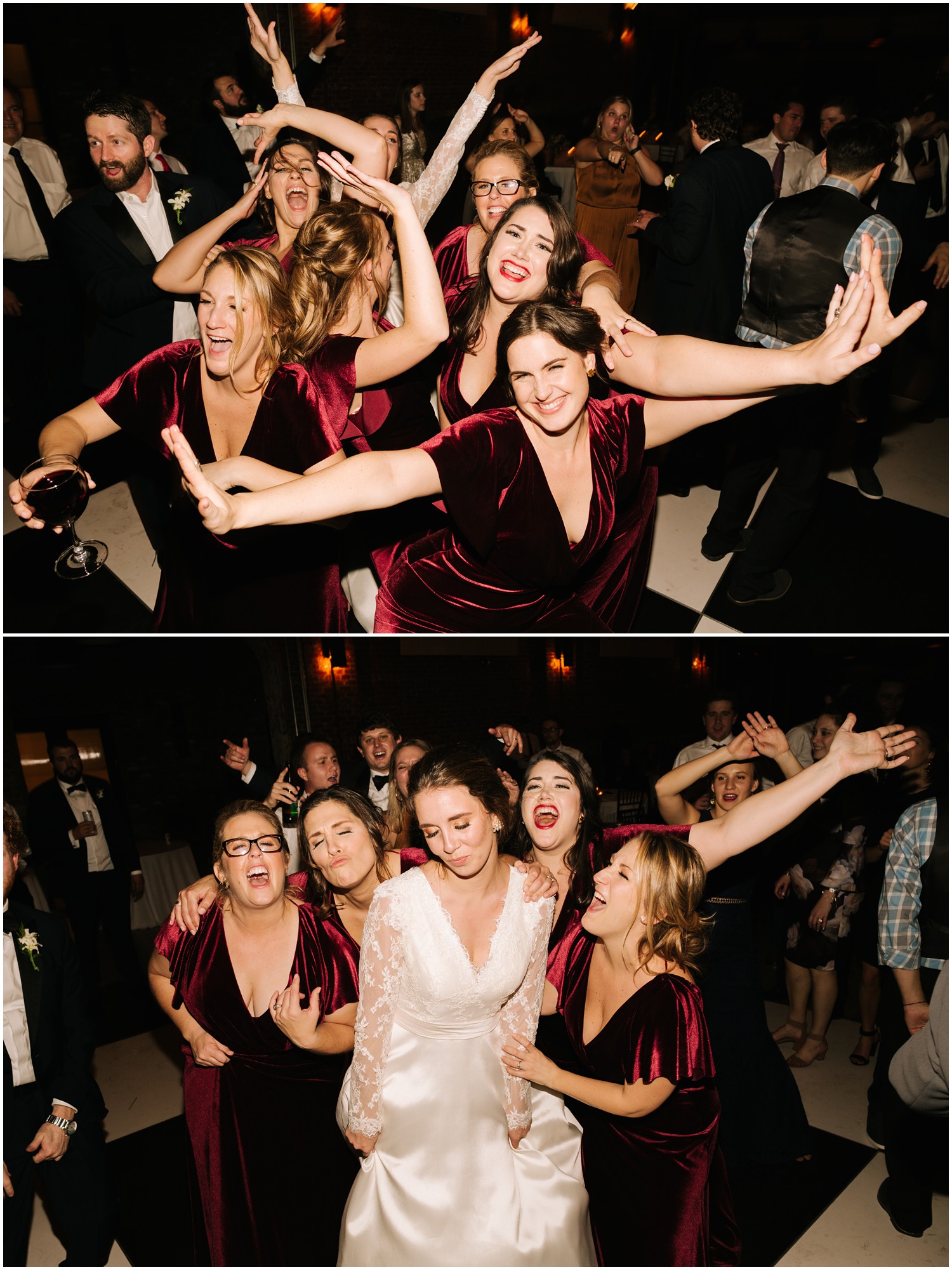 bride and bridesmaids in red velvet gowns dance photographed by Chelsea Renay Photography