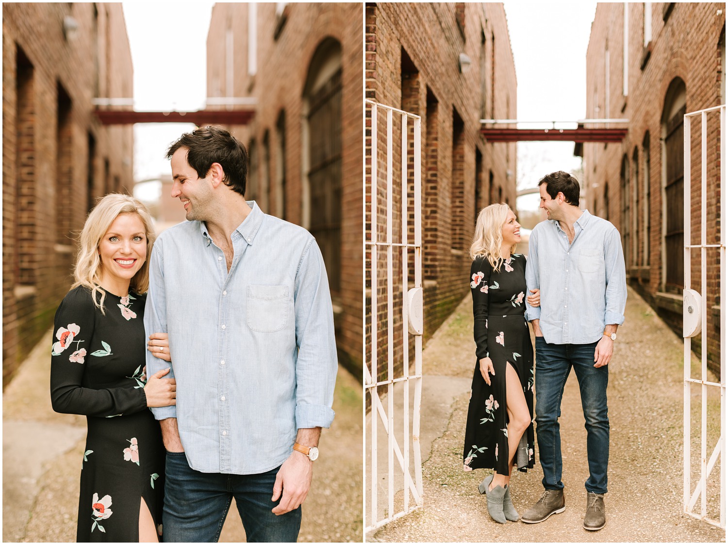 engaged couple stands near opening of brick alleyway in Raleigh NC