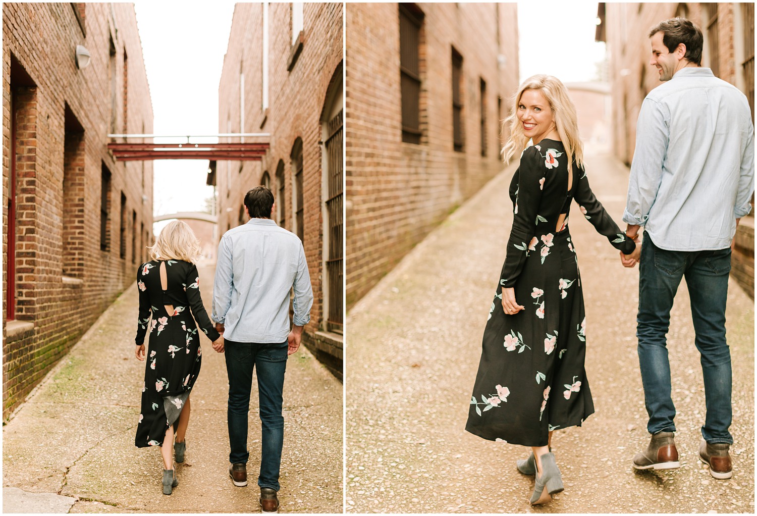 bride and groom hold hand walking down brick alleyway in Raleigh NC