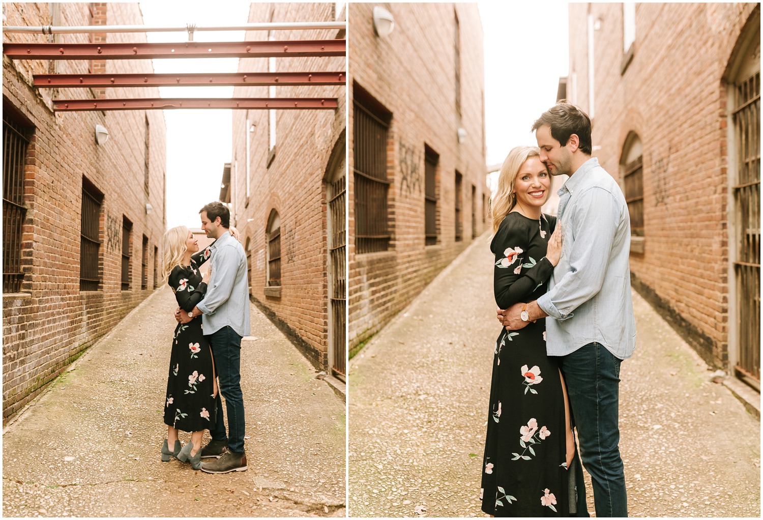 couple poses in brick alleyway in Raleigh NC during engagement session