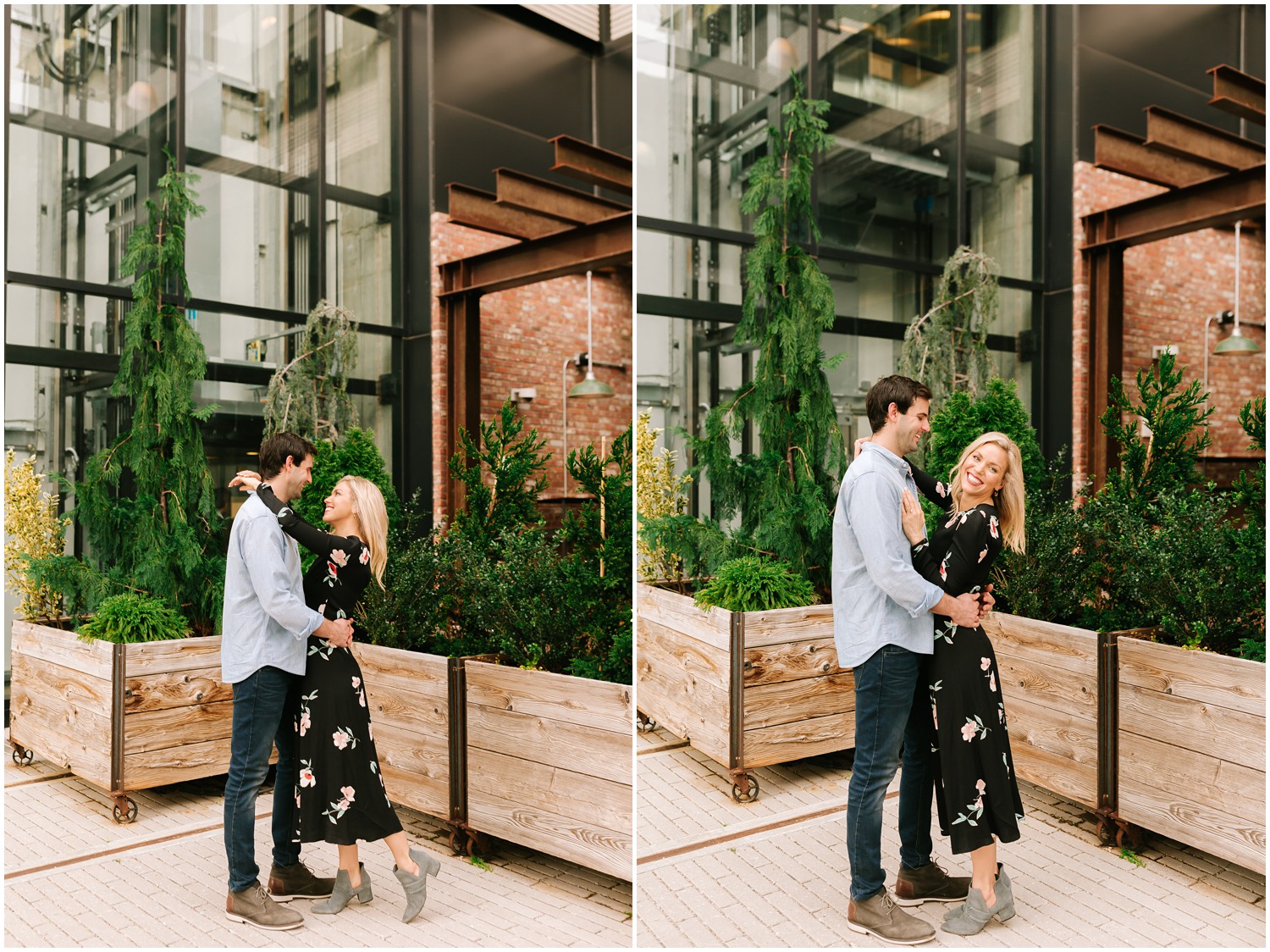 North Carolina engagement portraits next to modern garden