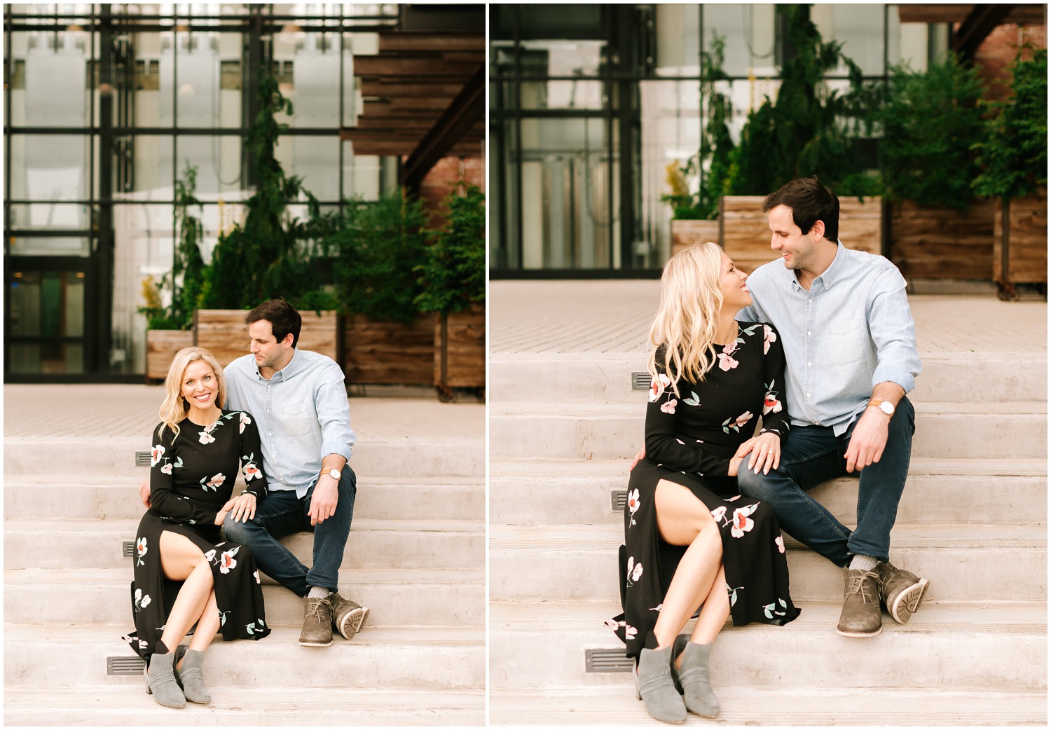 engaged couple sits on steps outside Raleigh NC hotel with modern architecture