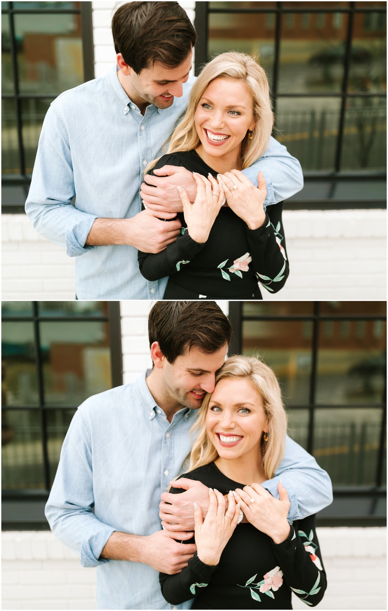 groom hugs bride from behind during Downtown Raleigh Engagement Session