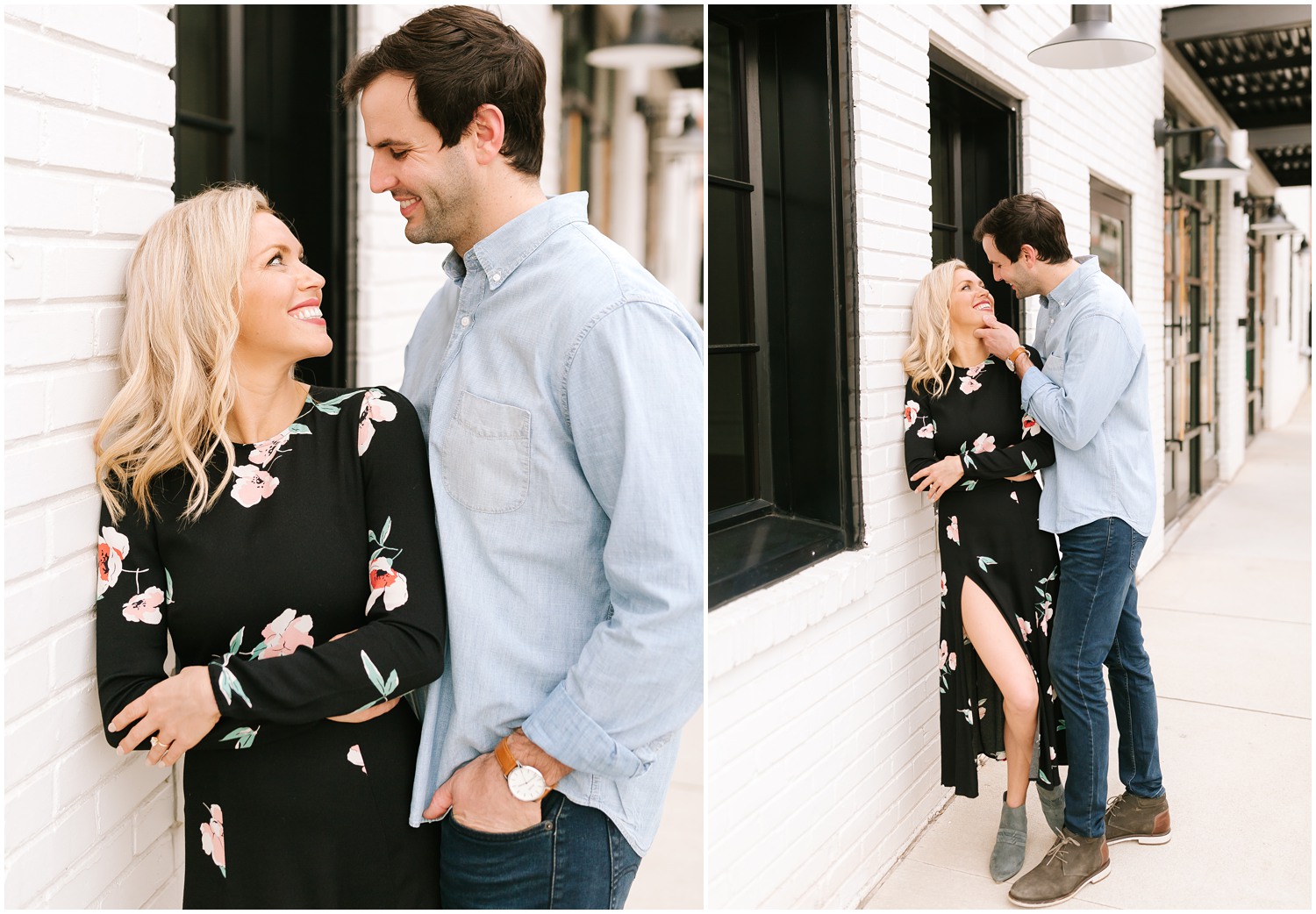 engaged couple in North Carolina poses against white wall