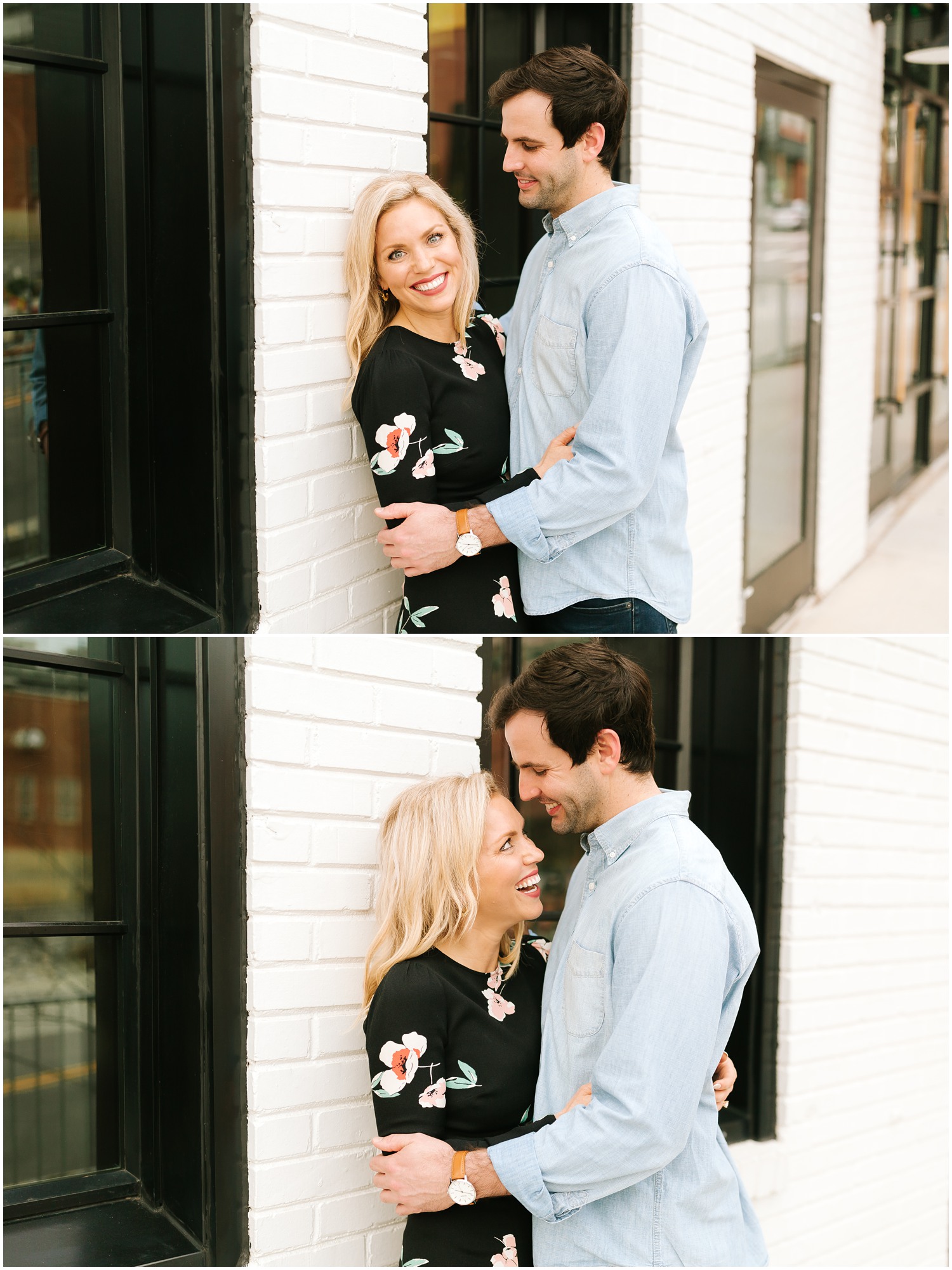 couple laughs while posing along white brick wall with Chelsea Renay