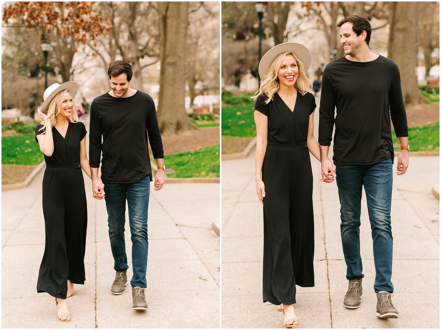 couple walks towards Chelsea Renay with fall leaves behind them during engagement photos