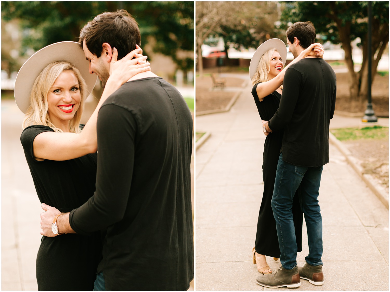 Downtown Raleigh Engagement Session with casual outfits and wide brimmed hat
