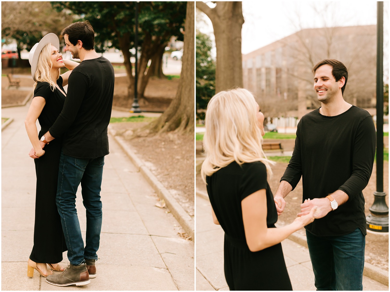 North Carolina couple dances during engagement portraits in Raleigh NC