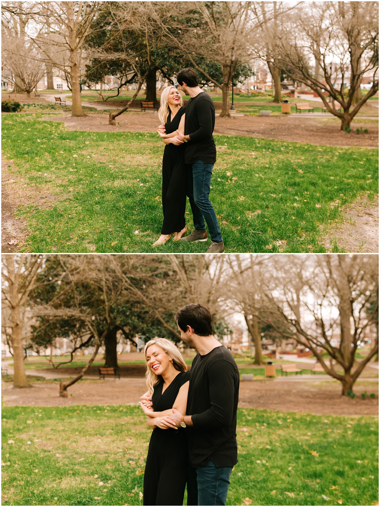 couple laughs twirling around Raleigh NC park during engagement photos