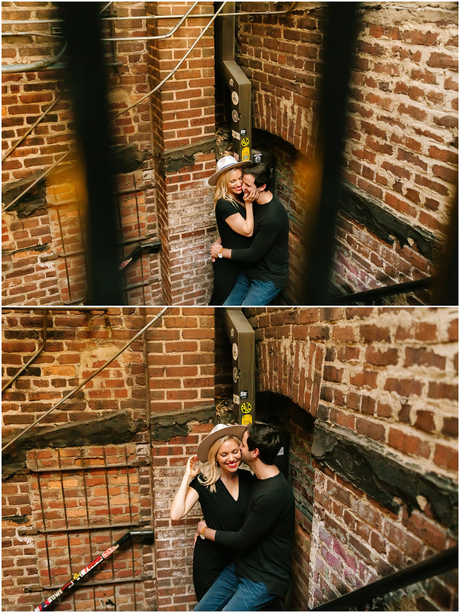 engaged couple poses in stairwell of downtown building in Raleigh NC