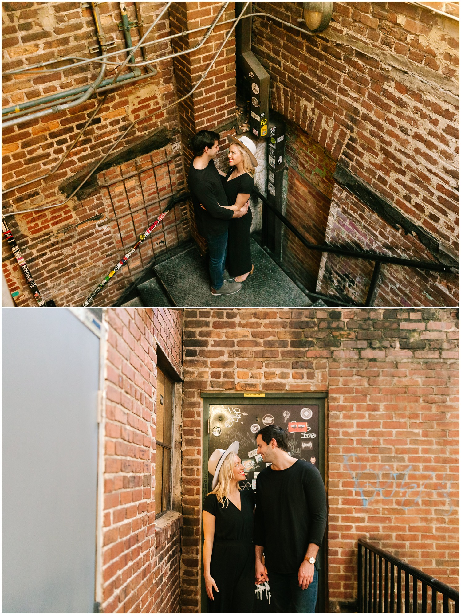 Downtown Raleigh Engagement Session next to brick wall photographed by Chelsea Renay