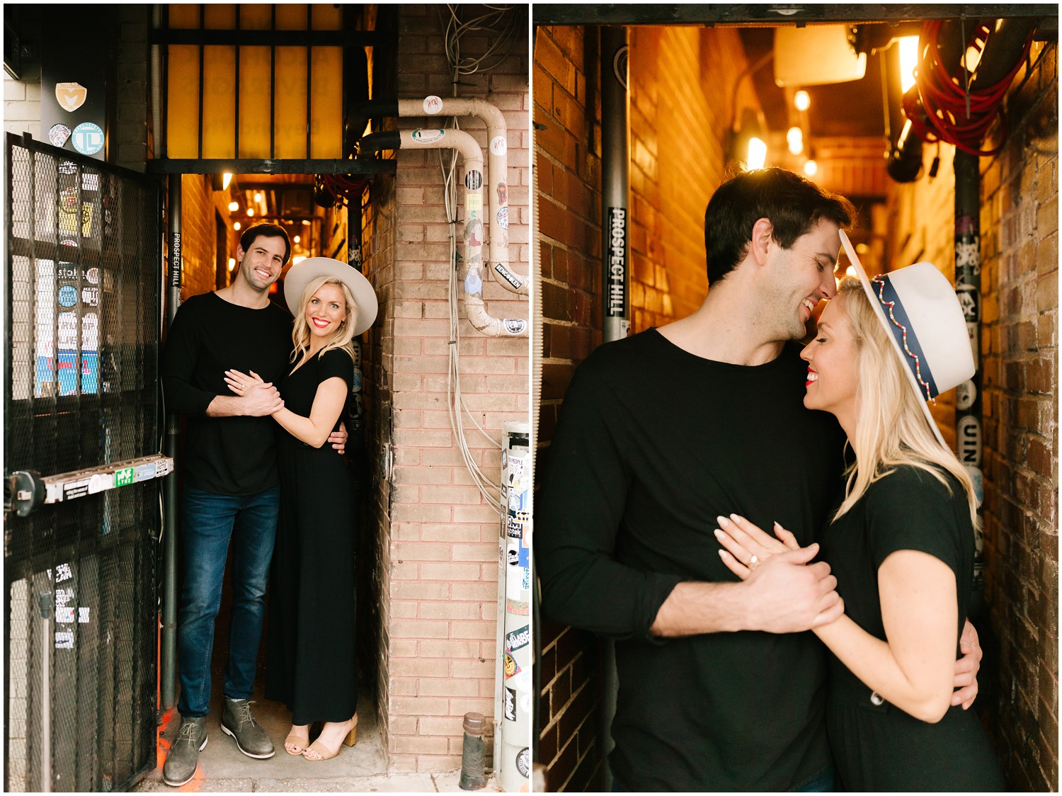 couple poses in doorway of Downtown building in Raleigh NC during engagement session