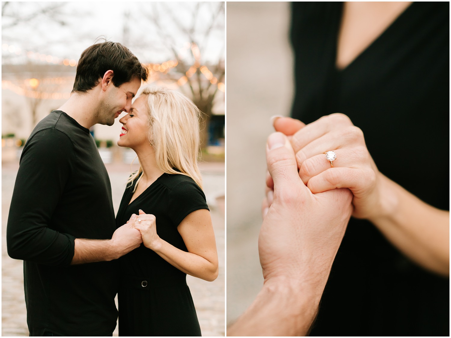 groom-to-be nuzzles bride and shows off wedding ring