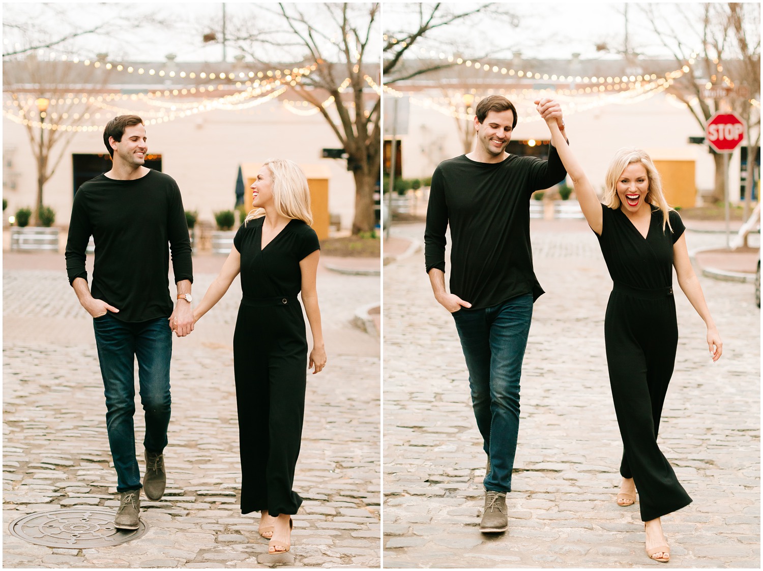 couple wears black dress and long sleeve shirt during Downtown Raleigh Engagement Session