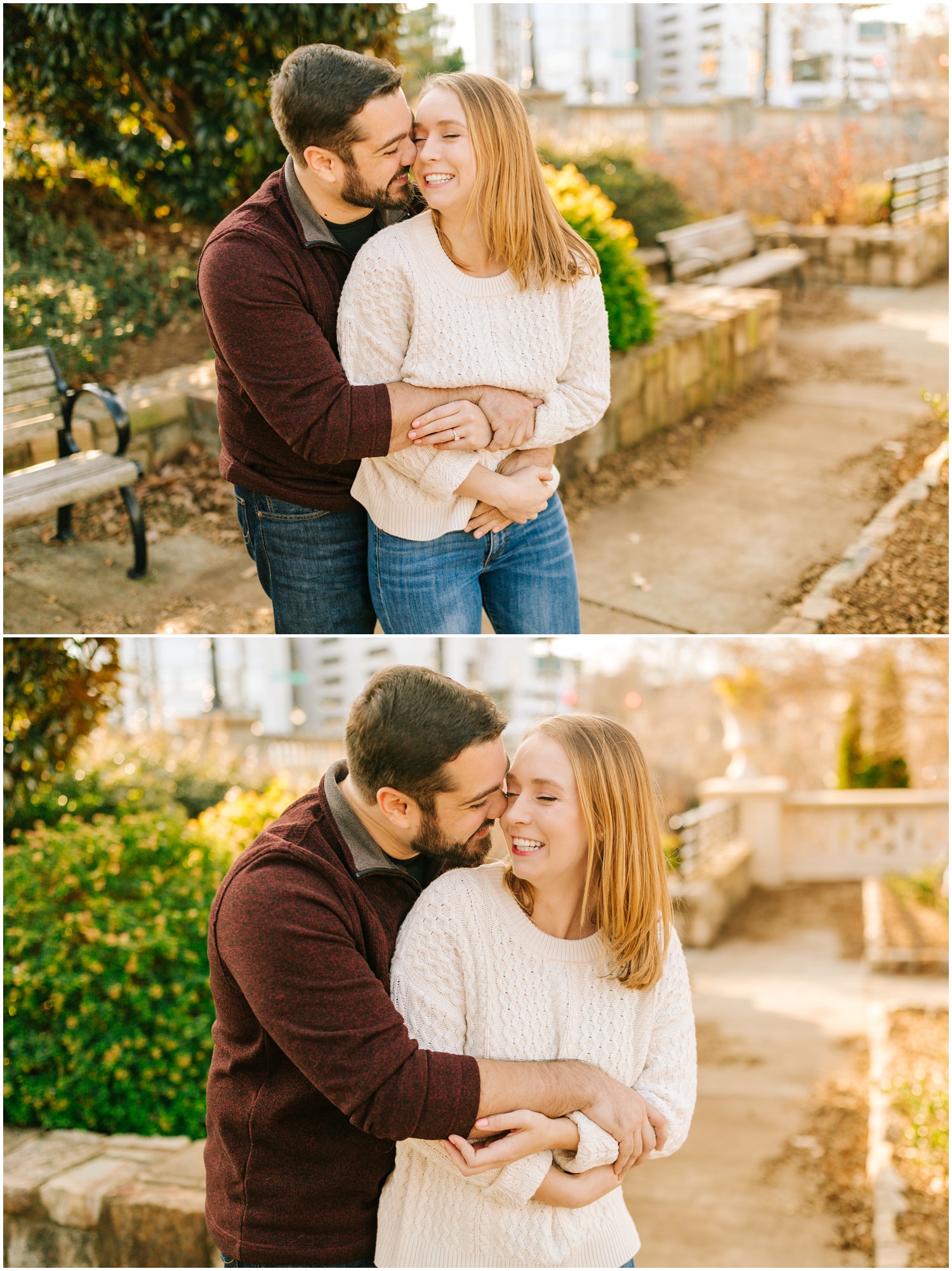 Winter Engagement session in Charlotte North Carolina with leaves around park 