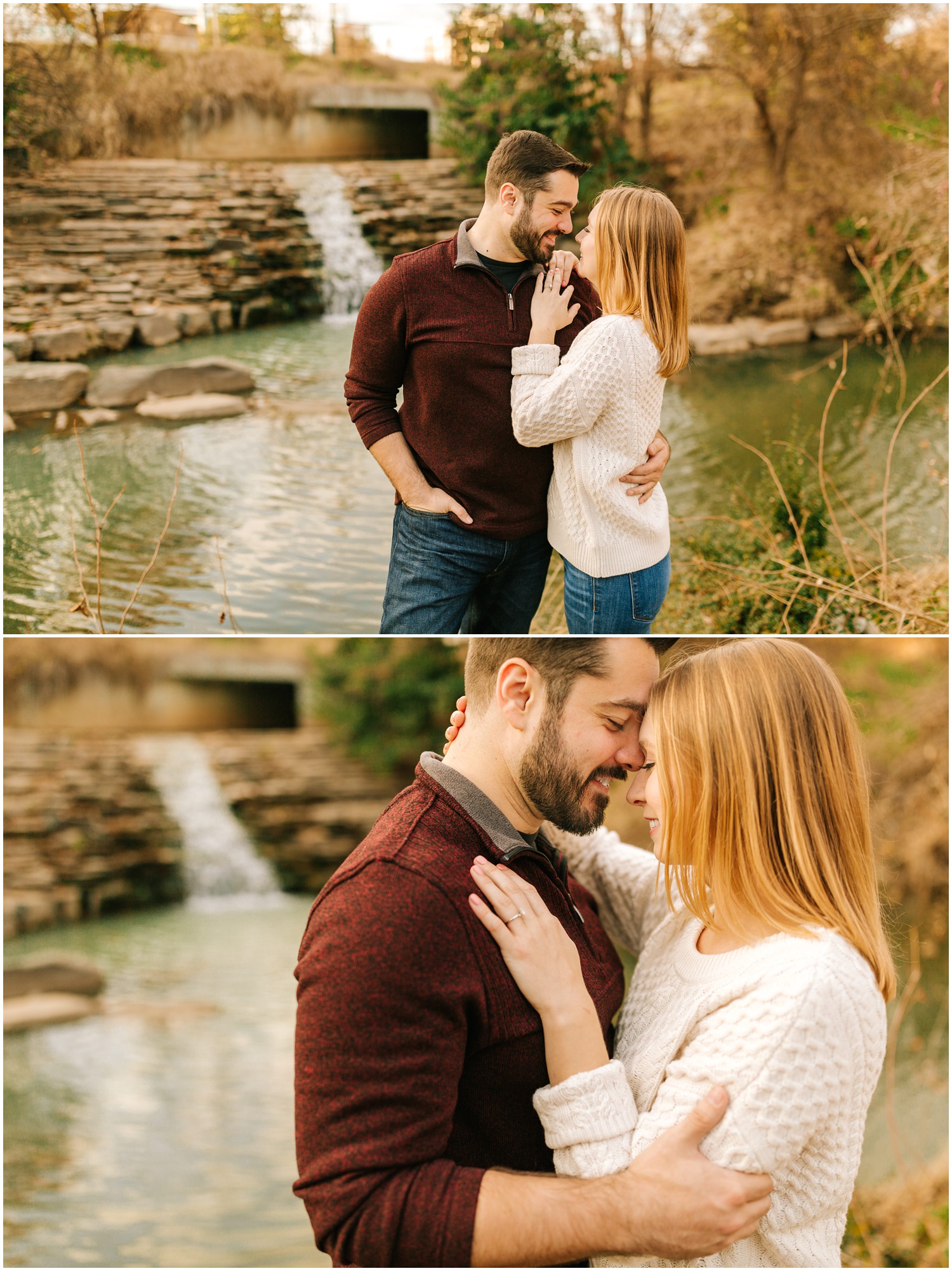 bride and groom touch noses during Winter Engagement session in Charlotte North Carolina