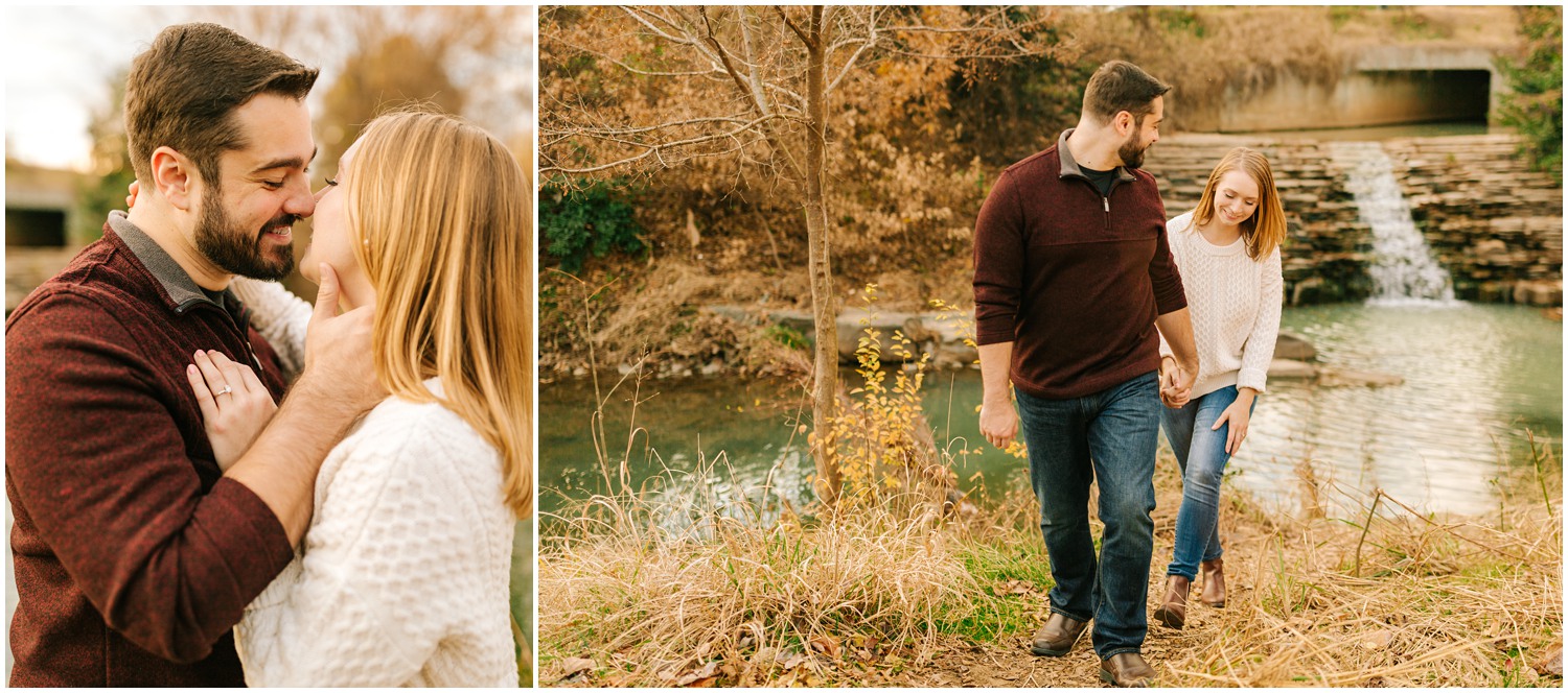 casual engagement portraits in Midtown Park with Charlotte NC couple 