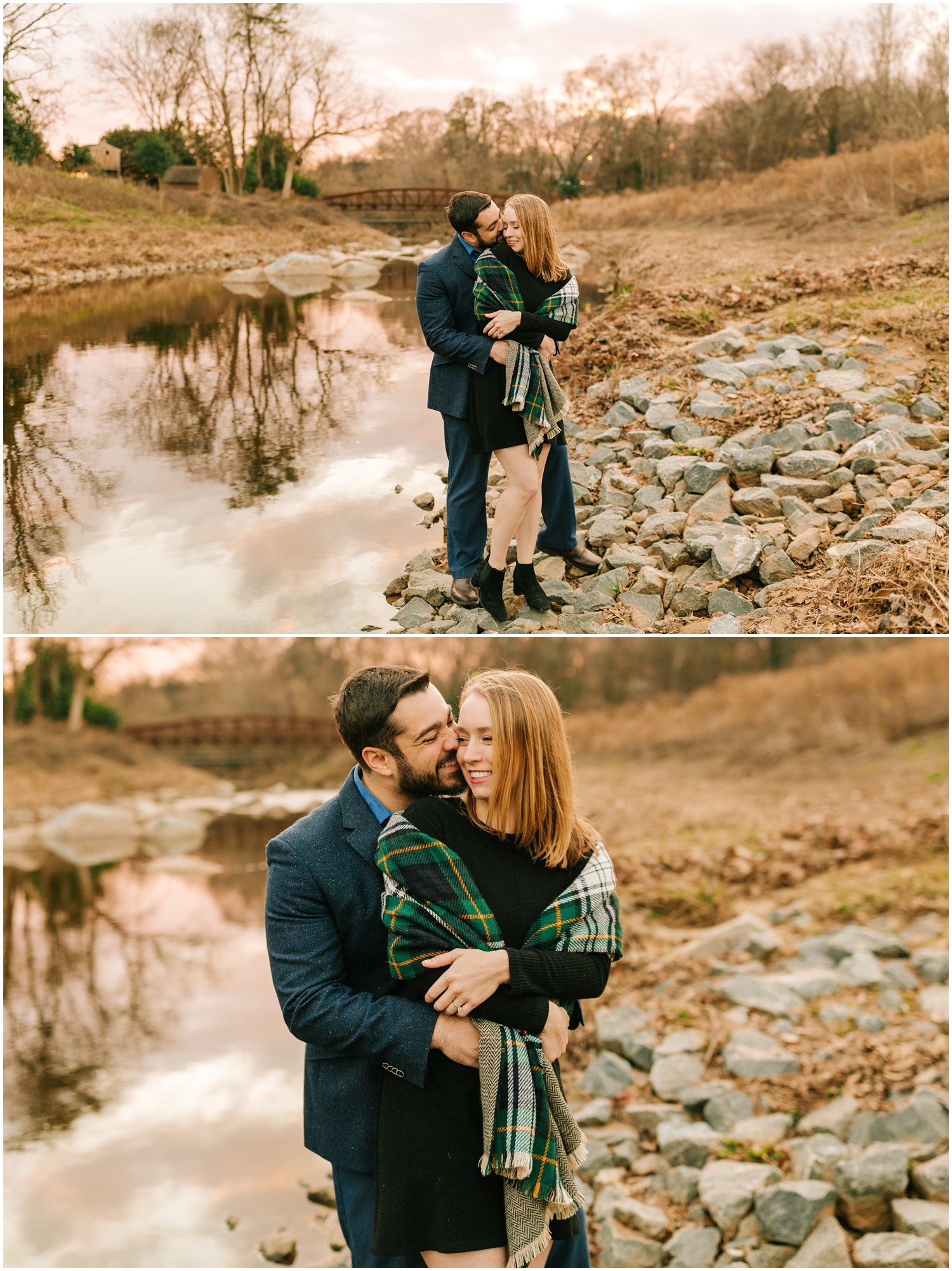 Winter Engagement session in Charlotte North Carolina with bride in green wrap